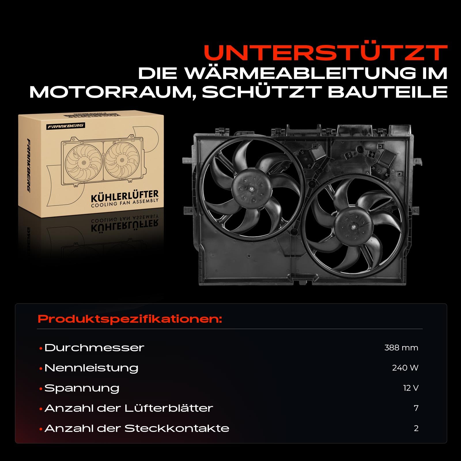 Frankberg Lüfter Motorkühlung Kühlerlüfter 230/210W Kompatibel mit Ducato Kasten 250 2.2L 2.3L 2006-Heute Ducato Bus 250 290 2.3L 2019-Heute Replace# 1347697080