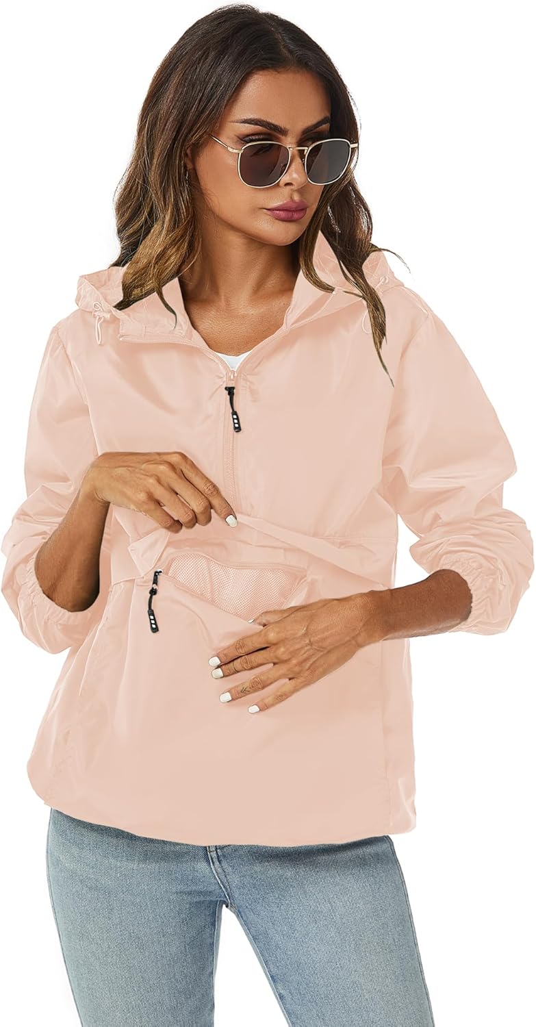 Avoogue Womens Rain Jacket with Hood,Pullover,Packable,Lightweight,Windbreaker,Waterproof,Breathable.