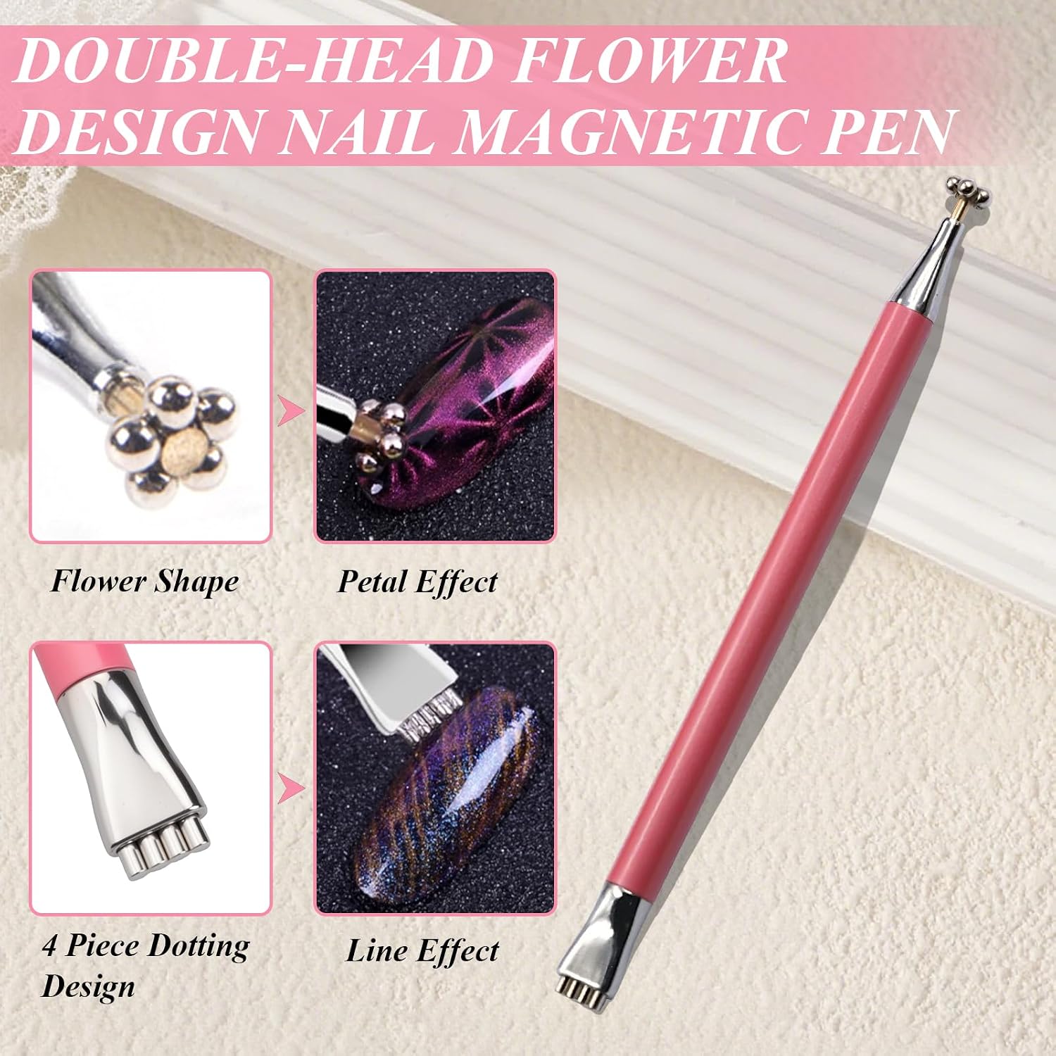 Plman 3 in 1 Heart Magnet for Cat Eye Gel Polish, Double-Head Flower Design Nail Magnetic Pen, Multifunctional Cat Eye Magnet for Nail, Cat Eye Nail Magnet with Nail Magnet Guides (Heart Set-Pink)