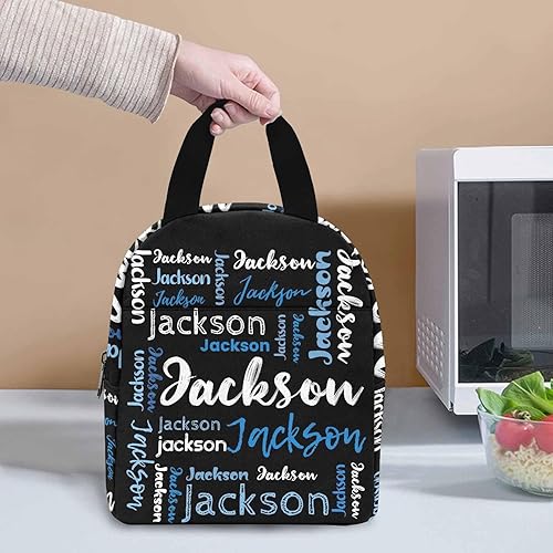 Miniatura 3 de Lonchera personalizada para niños con nombre, texto azul y blanco, negro, aislada con 2 bolsillos, lindas loncheras para niñas, loncheras para