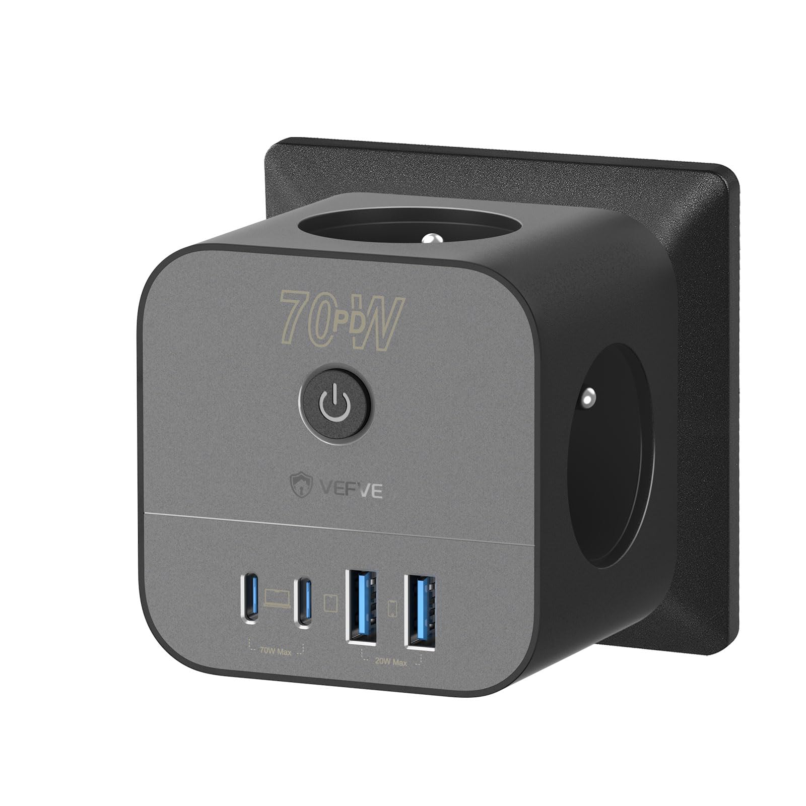 VEFVE Chargeur Rapide USB C 70W, Prise Multiprise Cube 7-en-1 avec Interrupteur, Technologie GaN III, Compatible Ordinateurs Portables, Tablettes et Smartphones