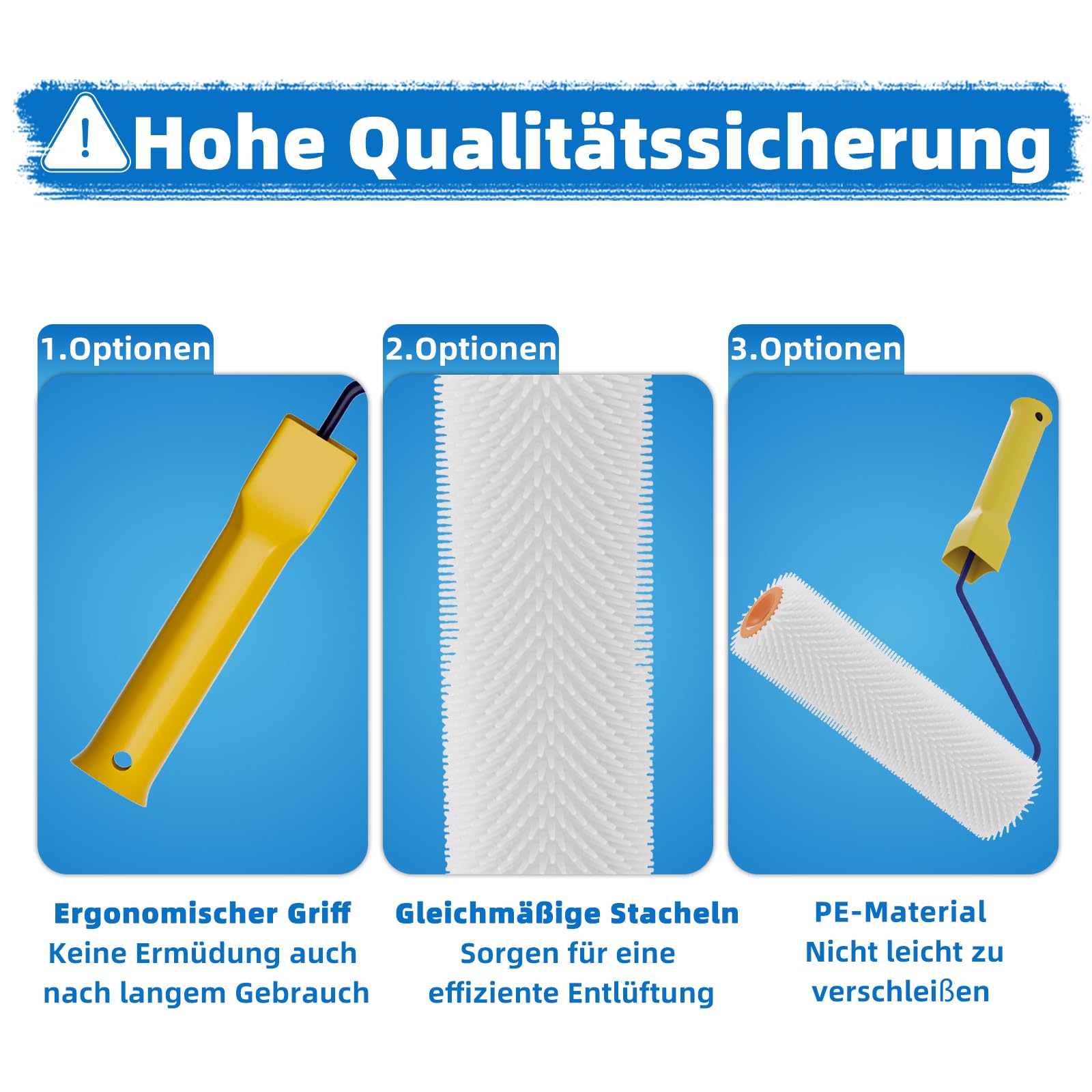 VKE Entlüftungswalze Set für Ausgleichsmasse - Stachellänge 14 mm, Profi Stachelwalze Ausgleichsmasse, 1 Nagelrolle 23 cm, 2 Farbrolle 23cm, Teleskopstange 1,5 m, Nagelschuhe 30 mm-Nur 1 Griff