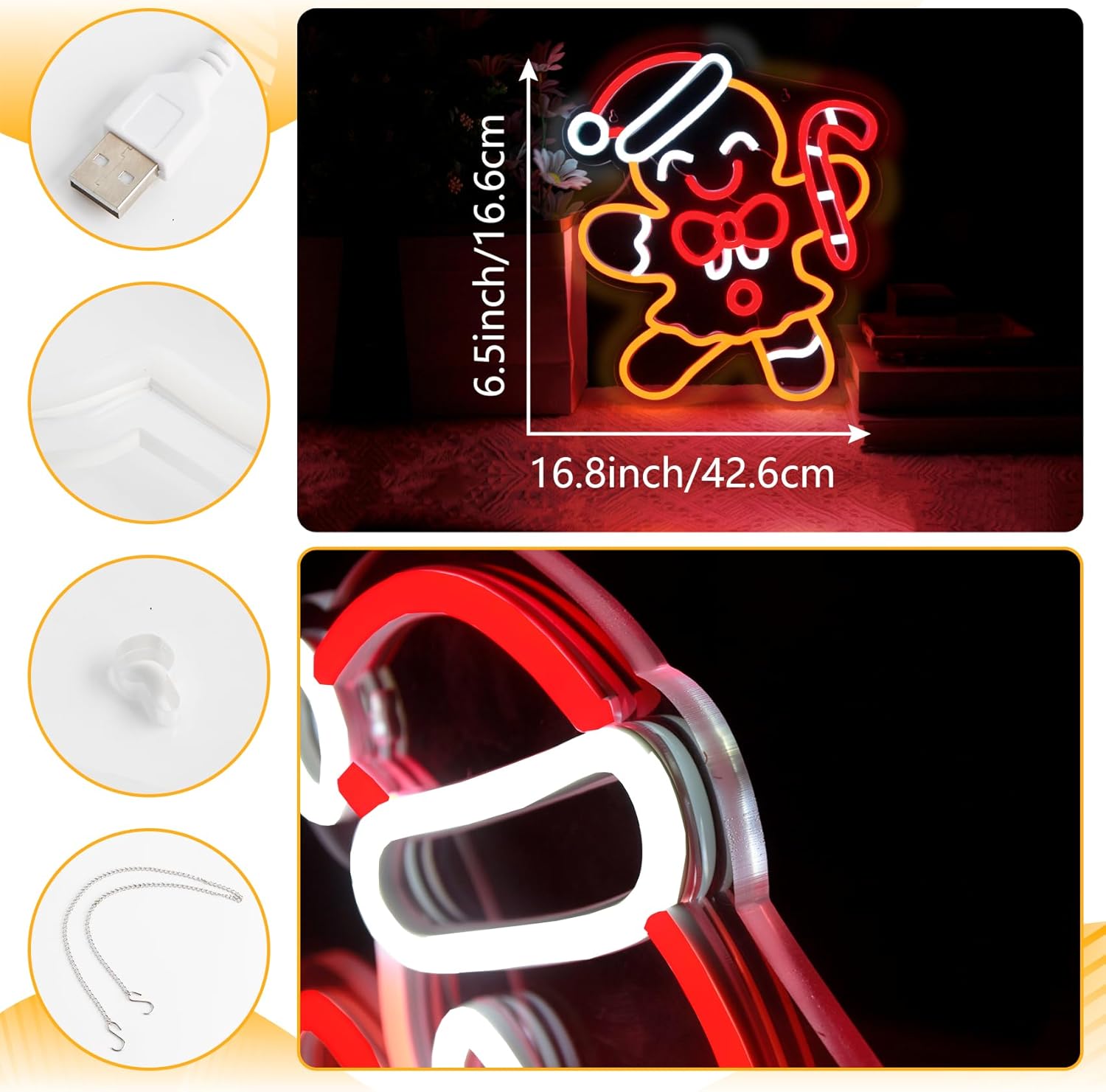 Female Gingerbread Man Neon Sign for Christmas Decor,USB Powered Dimmable Gingerbread Christmas Lights Light up Sign for Wall Decor Kids Room Living Room Gifts Xmas Party - Image 4