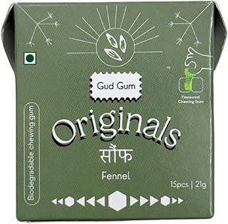 Gud Gum- Natural, Plastic Free Chewing Gum- Clove, Cardamom, Fennel, Cinnamon- 21g x 4 - Mini Pack of 4- No added artificial colours, flavours & sweeteners (Pack of 4, Fennel)