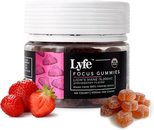 LYFE Gomitas funcionales de hongos, sabor a fresa (40 unidades)  Suplemento de extracto de melena de león para la memoria y la claridad del enfoque,
