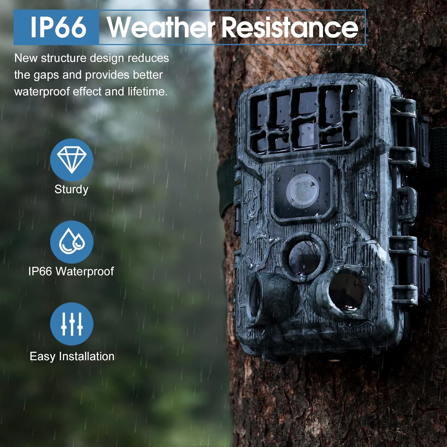 JOH Trail Camera mounted on a tree in the rain, demonstrating its IP66 weather resistance.