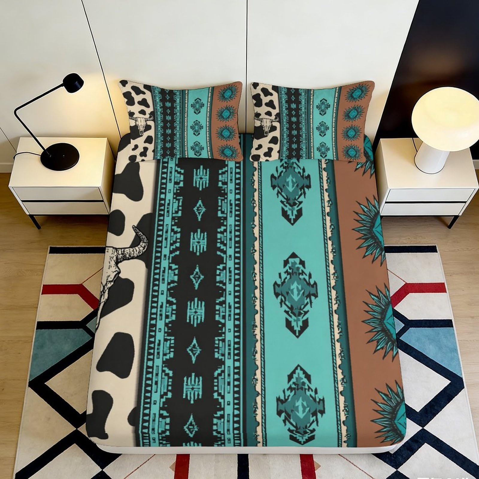 3D Printed Southwestern Aztec Fitted Sheet Microfiber Soft Breathable Cowhide Tribal Mattress Cover for Bedroom Decor 90x200x25cm