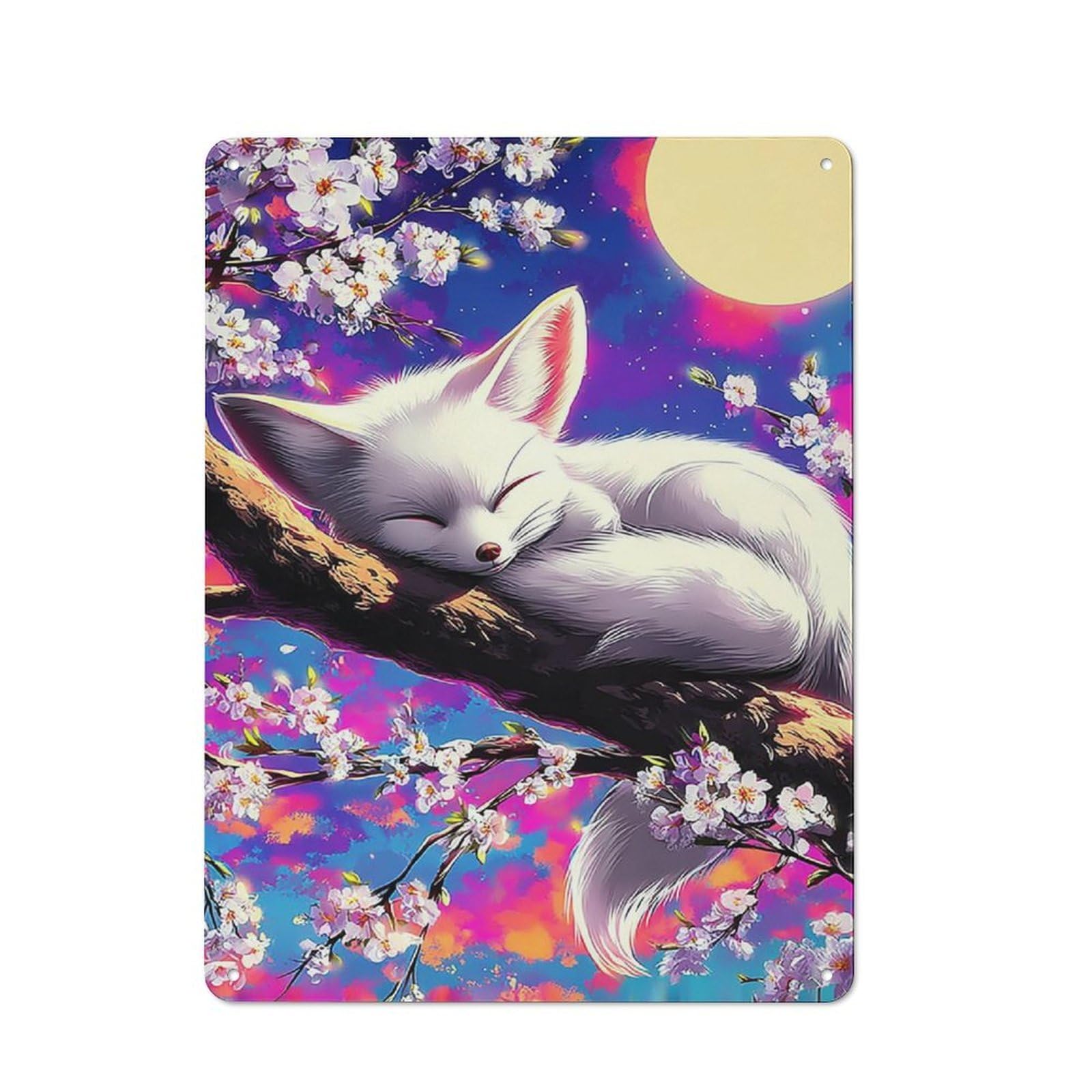 Junmoney Cherry Blossom Moonlit Fox Dream 40X30cm Retro Tin Sign With For Living Room Or Hallway, A Decorative Metal Sign For Living Rooms And Hallways
