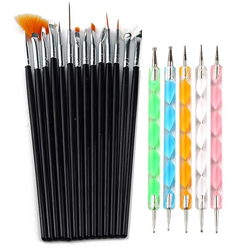 Juego de 20 pinceles de pintura para arte de uñas, kit de herramientas de bolígrafo de gel UV, juego de pinceles de dibujo de mandala (negro)