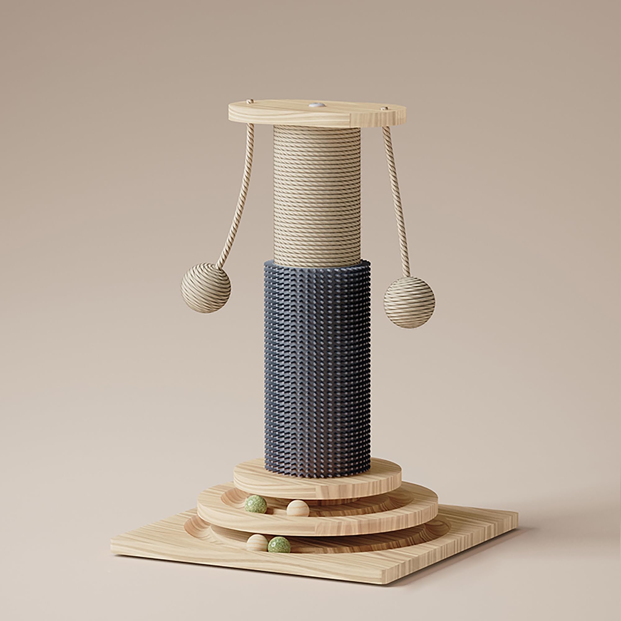 Cat Scratching Post, Indoor Cat Scratcher Kitten Toys Catnip Wooden Ball Track Two-Layer Modern Sisal for Kittens or Smaller Cats Scratch Post Interactive Toy with Dangling Ball Beige