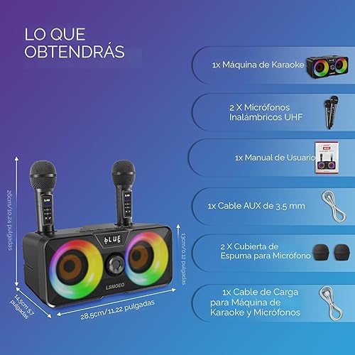 Miniatura 6 de Máquina de karaoke para adultos y niños con 2 micrófonos inalámbricos UHF, altavoz Bluetooth portátil sistema de altavoces PA con luces LED de