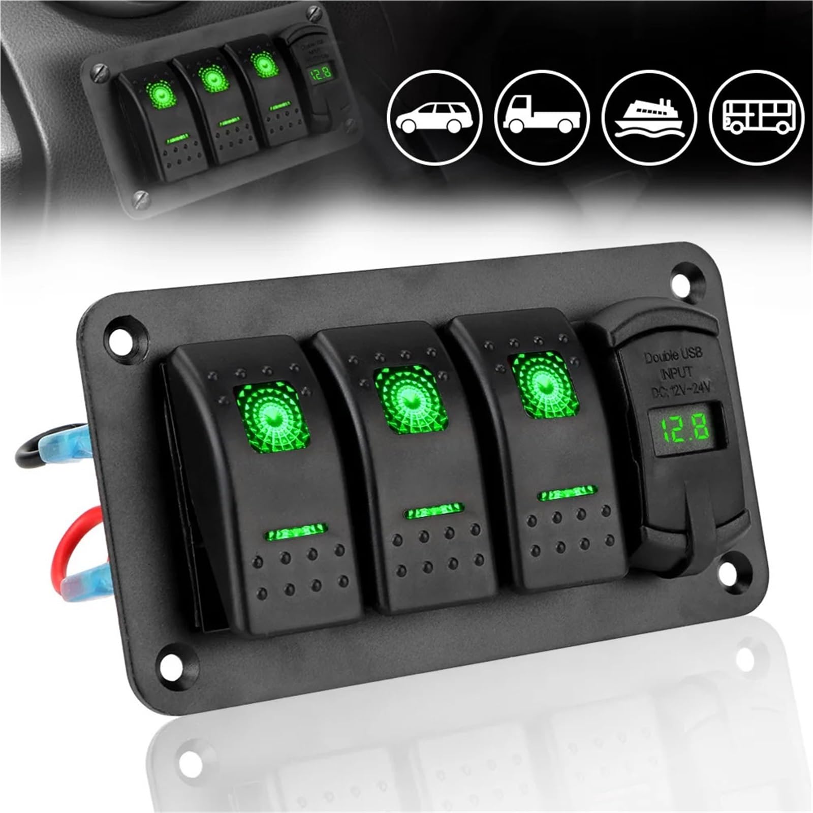 12V-24V 3-biegowy panel przełączników do samochodów SUV, łodzi, kamperów, ciężarówek, cyfrowy woltomierz, wyłącznik obwodu, wodoodporny, podwójny port USB 4,2A(Blauw)