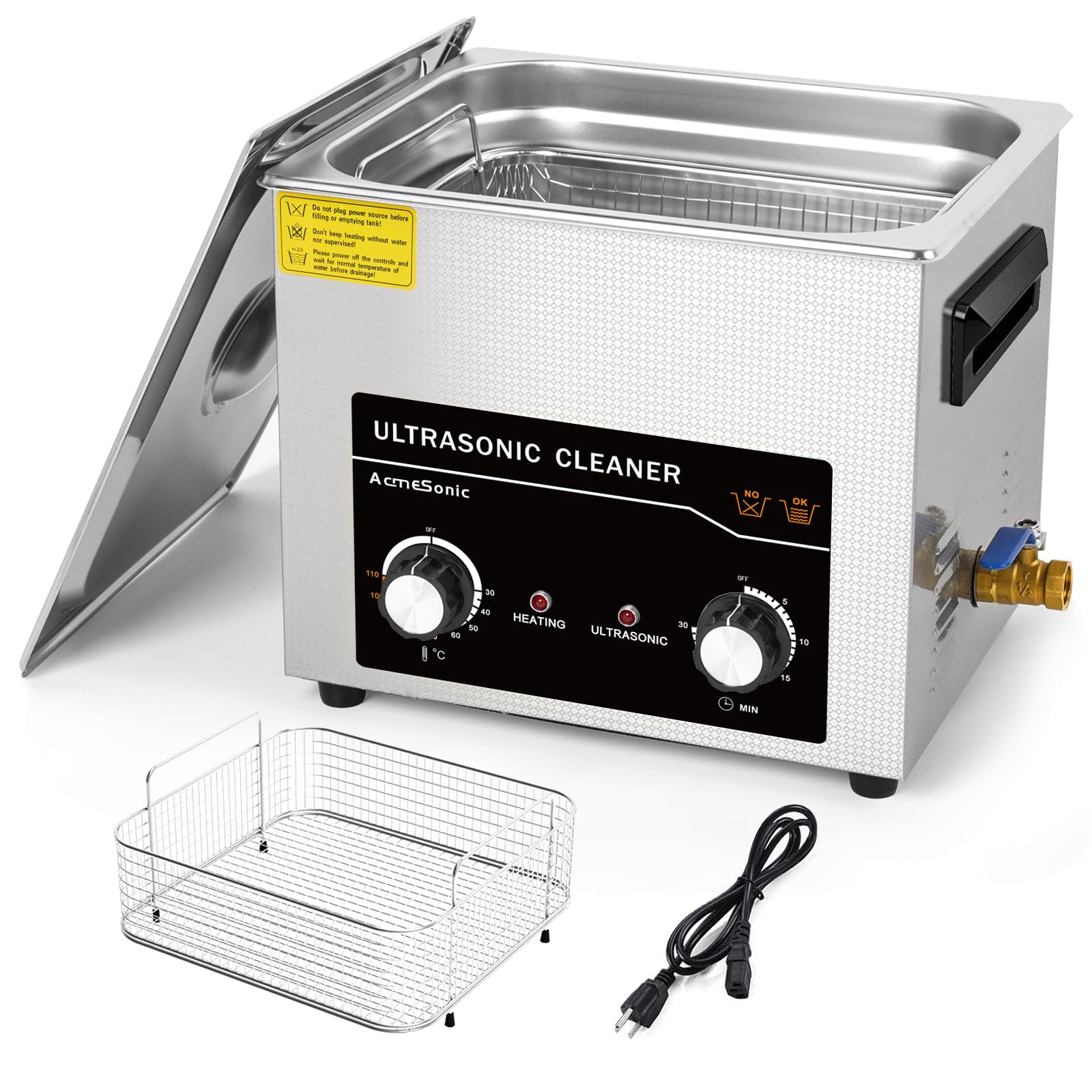 Kommerzieller Ultraschallreiniger mit Knopf, professioneller Ultraschallreiniger, 10 l, 40 kHz mit Heizung und Timer für Werkzeuge, Schmuck, Uhren, Brillen, Zahnersatz