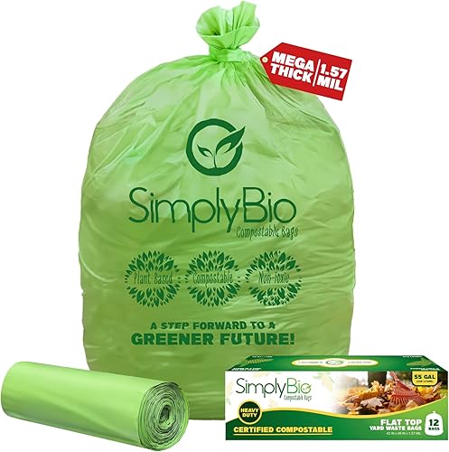 Simply Bio Bolsas de basura compostables de 50-55 galones, parte superior plana, resistentes extragruesas de 1.57 mil, 208.2 litros, 12 bolsas, uso
