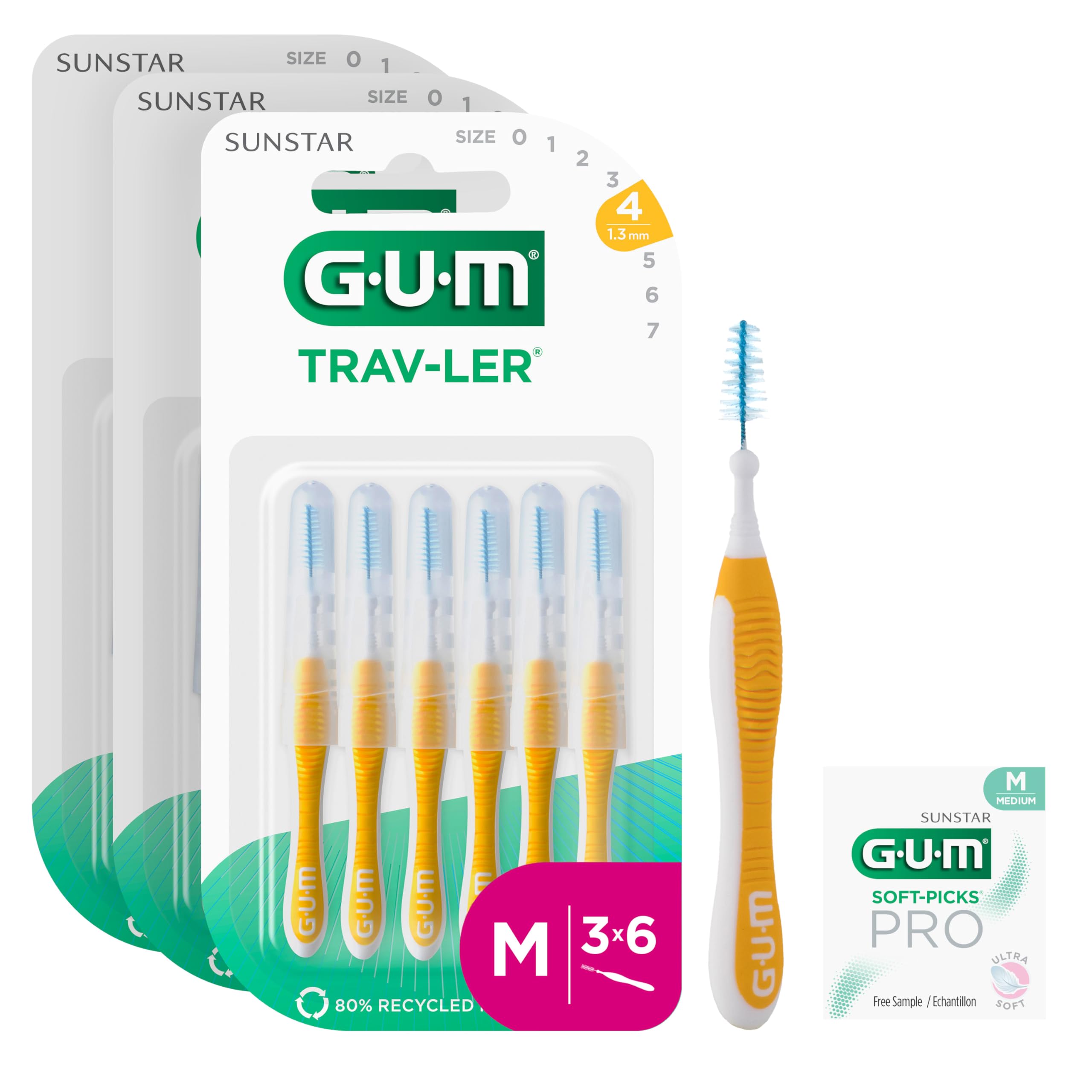 GUM TRAV-LER Scovolini interdentali | manico flessibile | pulizia profonda tra i denti e rimozione della placca | 1.3 mm, ISO 4 | Taglia M | Confezione 3x6 (+ 1 campione omaggio)
