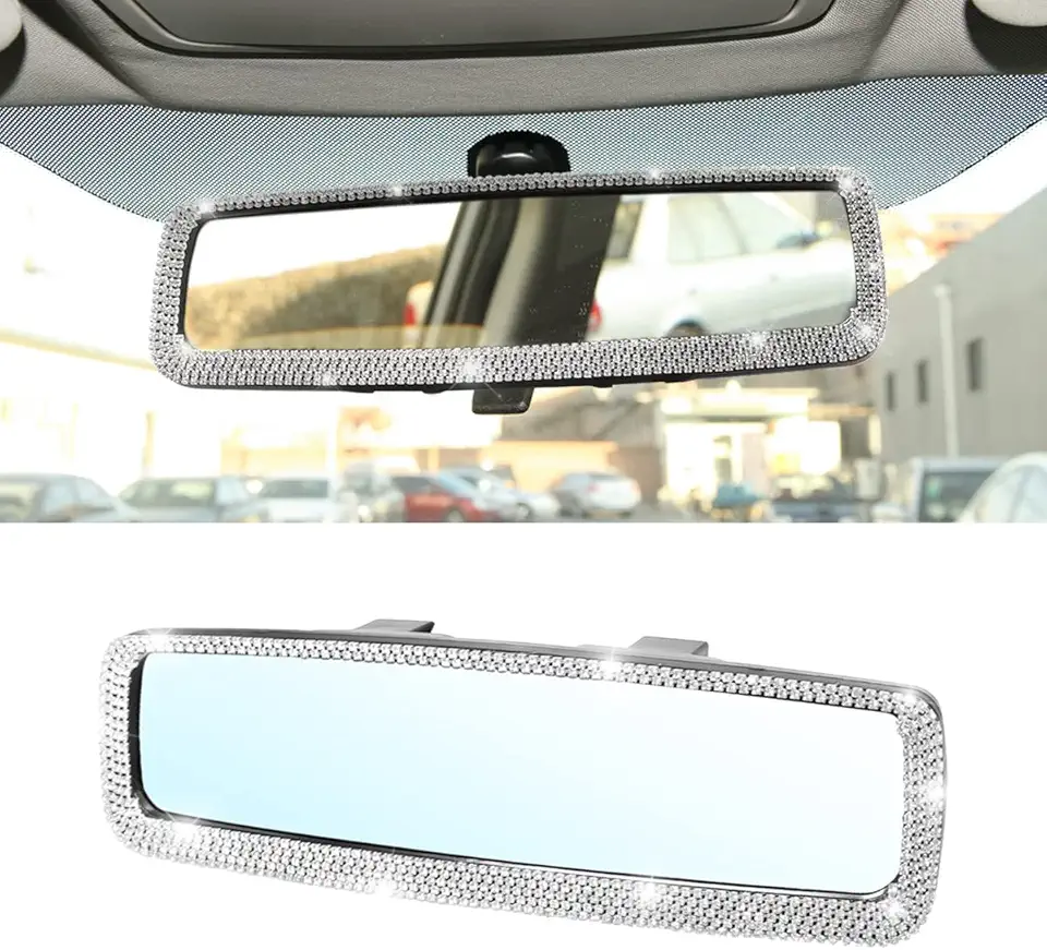 Bling Car Rearview Mirror Rhinestone Crystal Clip-on Rearview Mirror with HD Glass for Most Car, SUV, Vehicle Car Interior Accessories for Women Girls (White)