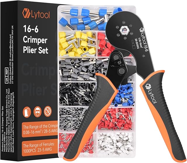 Ferrule Crimping Tool, Lytool 0.08-16mm² / 28-5 AWG Hexagonal Crimper Plier Set, Bootlace Ferrule Crimping Tool Self-Adjustable Ratchat Wire Crimping Tool with 1000 Wire Terminal Crimp Connectors