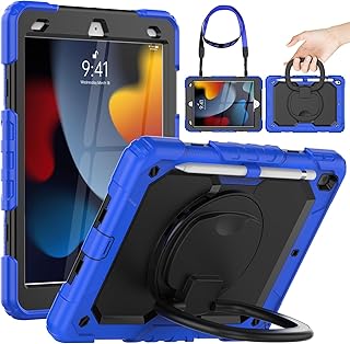 Timecity iPad 9th/ 8th/ 7th Generation Case 10.2" 2021/2020/2019, Durable Full-Body Shockproof Protective Case with Screen Protector, 360° Rotating Stand, Shoulder Strap and Pen Holder, Dark Blue