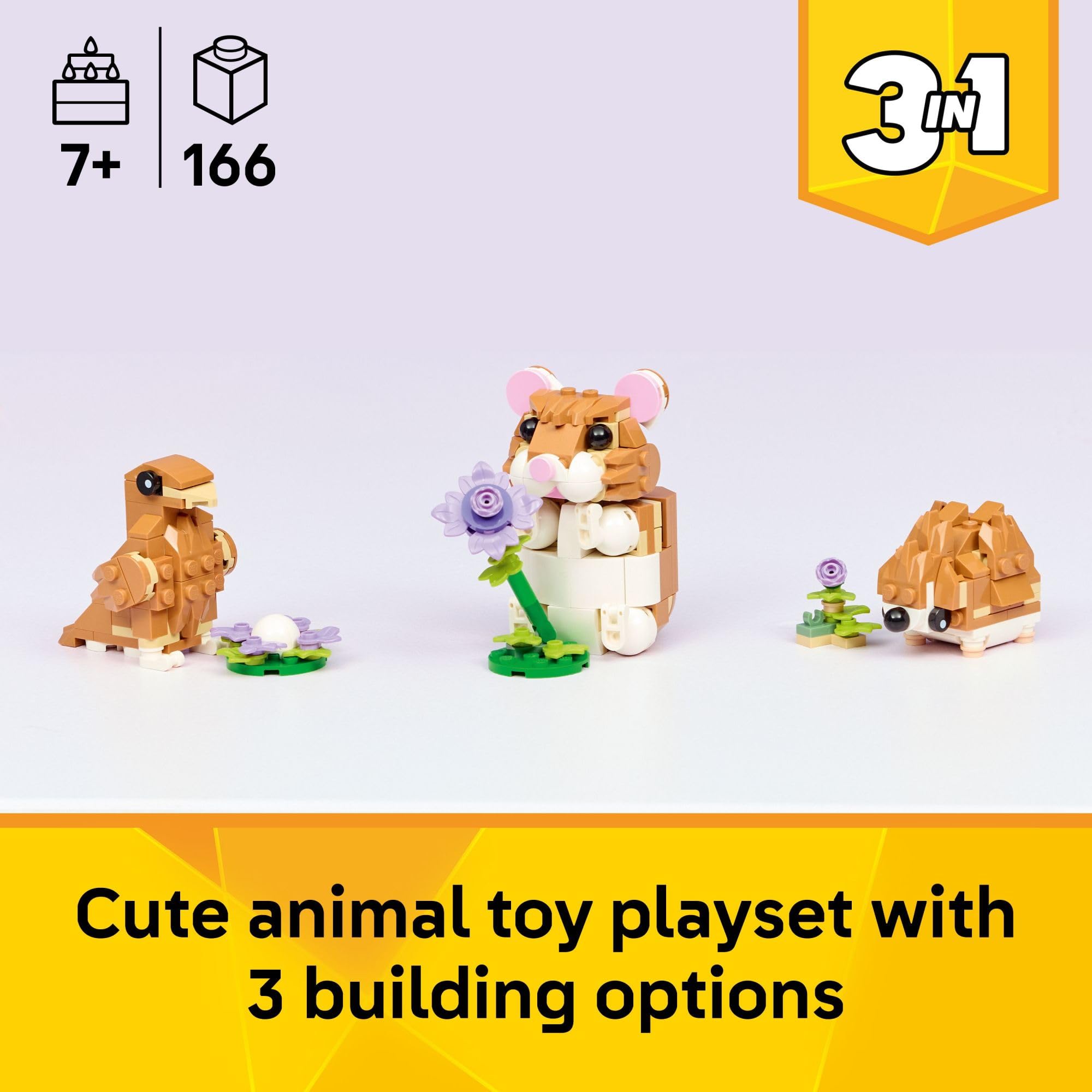 LEGO Creator 3 in 1 Cute Hamster with a Flower Building Toy for Girls & Boys, Ages 7+ - Kids Build a Hamster, Hedgehog or Eagle Animal Figure - Gift Idea for Birthdays - 31376