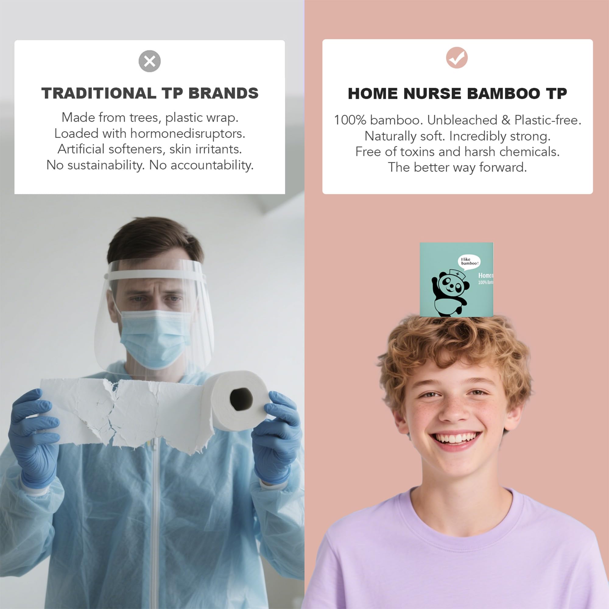 Home Nurse Bambusowy 4-warstwowy papier toaletowy, styl makaronowy, bezzapachowy i niebielony, 24 rolki, mocny i miękki, szybko rozpuszczający się, bez chemikaliów, bez drzew i bez plastiku,