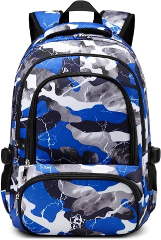 Kids Backpack for Boys, 17 Inch Camo Water-Resistant School Bag, Bluefairy