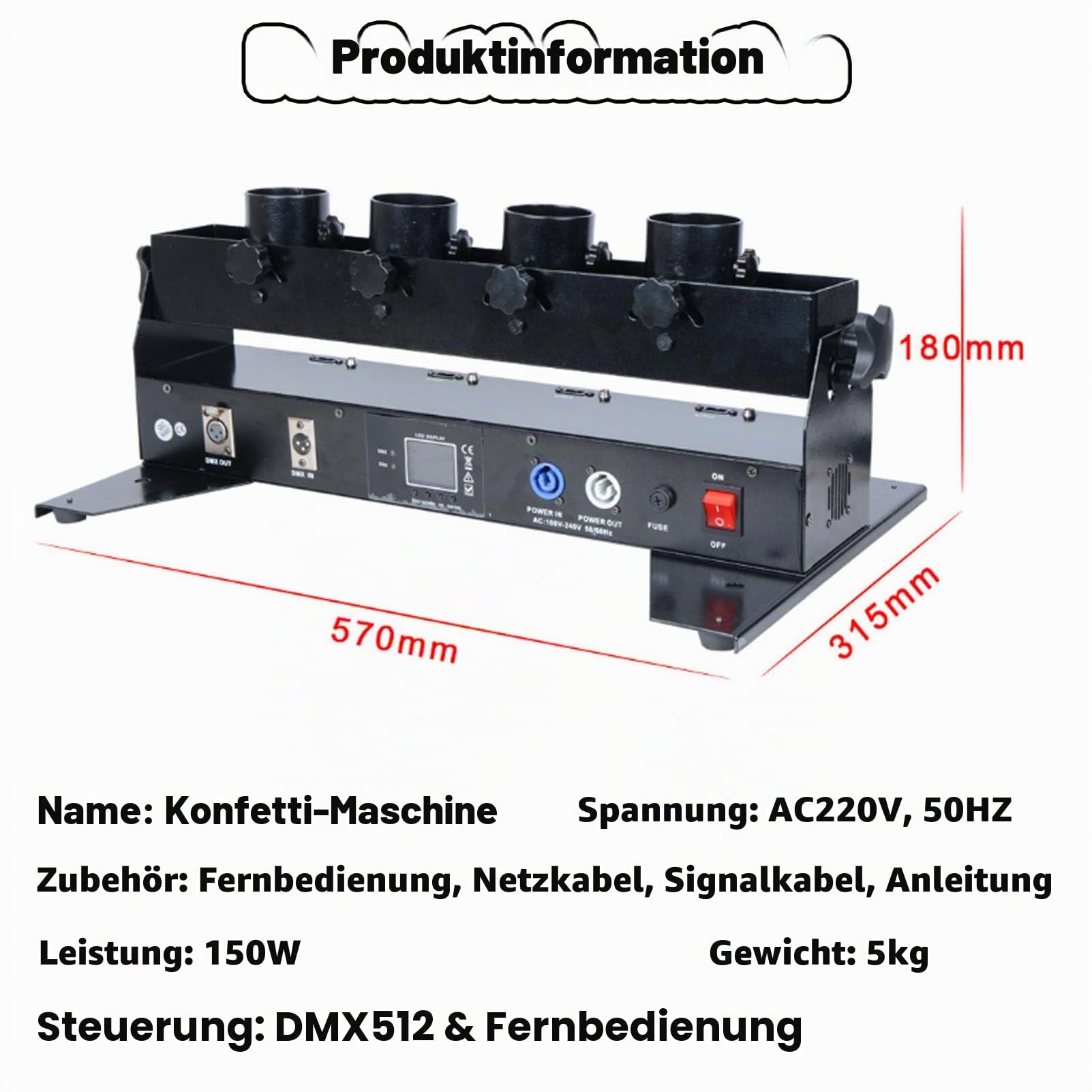 4-Schuss-Konfettiwerfer, Streamer-Kanone, Konfettimaschine, DMX-Fernbedienung, elektrische Papier-Konfettikanone für Hochzeits-Disco-Show-Club-Bühnenparty