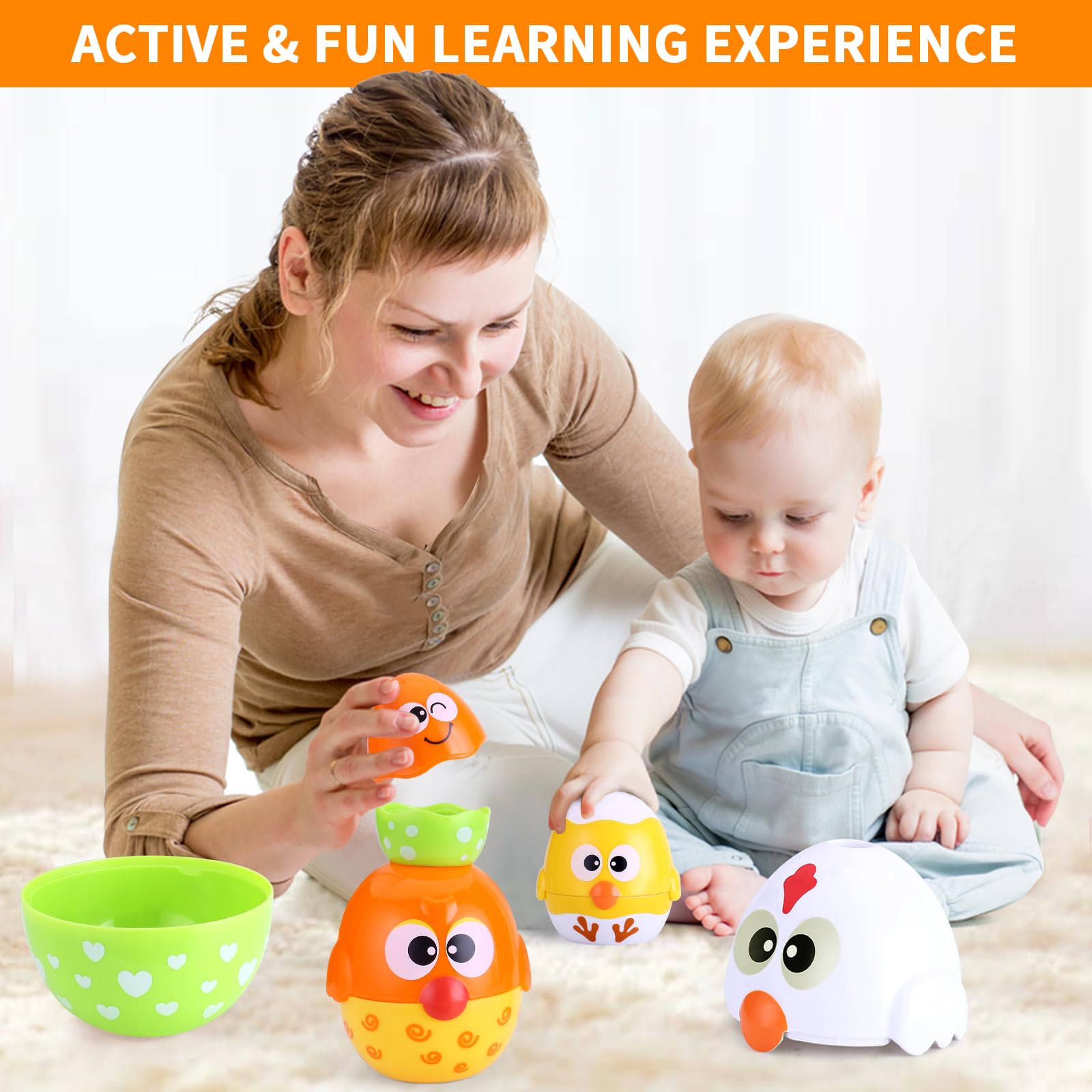 MOONTOY Chicken Toddler Easter Eggs Toys, Nesting Dolls Stacking Toys for Toddlers 1-3 Matching Shape Sorters Sensory Preschool Learning Baby Easter Basket Stuffers Gifts 6-12 12-18 Months, 1 Year Old