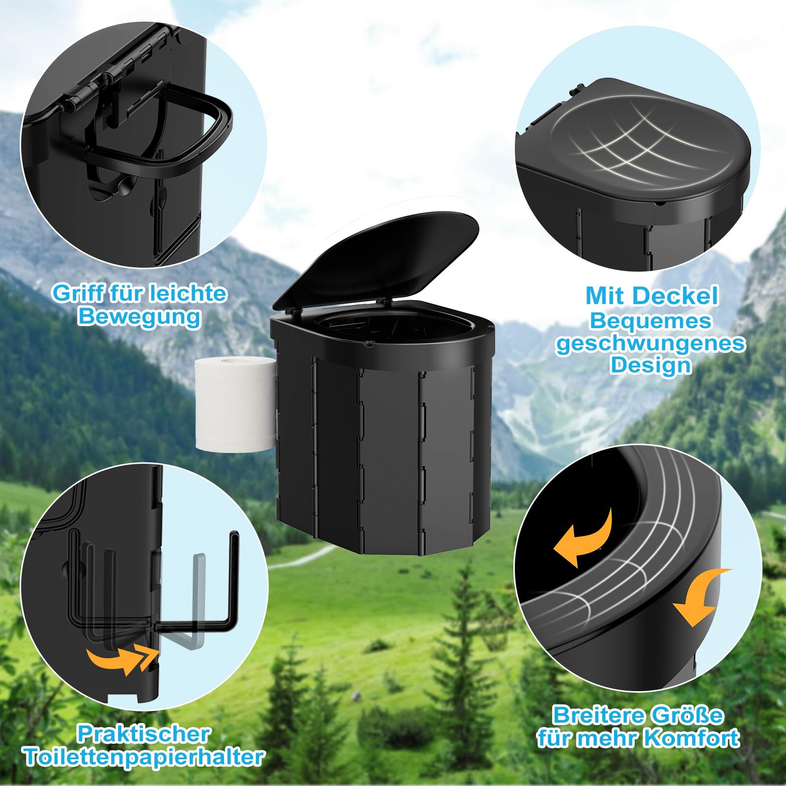 WADEO Tragbare Campingtoilette mit Deckel, Faltbare Toilette mit Belastbarkeit bis zu 200kg, Mobiltoilette Falttoilette mit Toilettenbeutel und Papierhalter, ideal für Camping Wandern Reisen Angeln