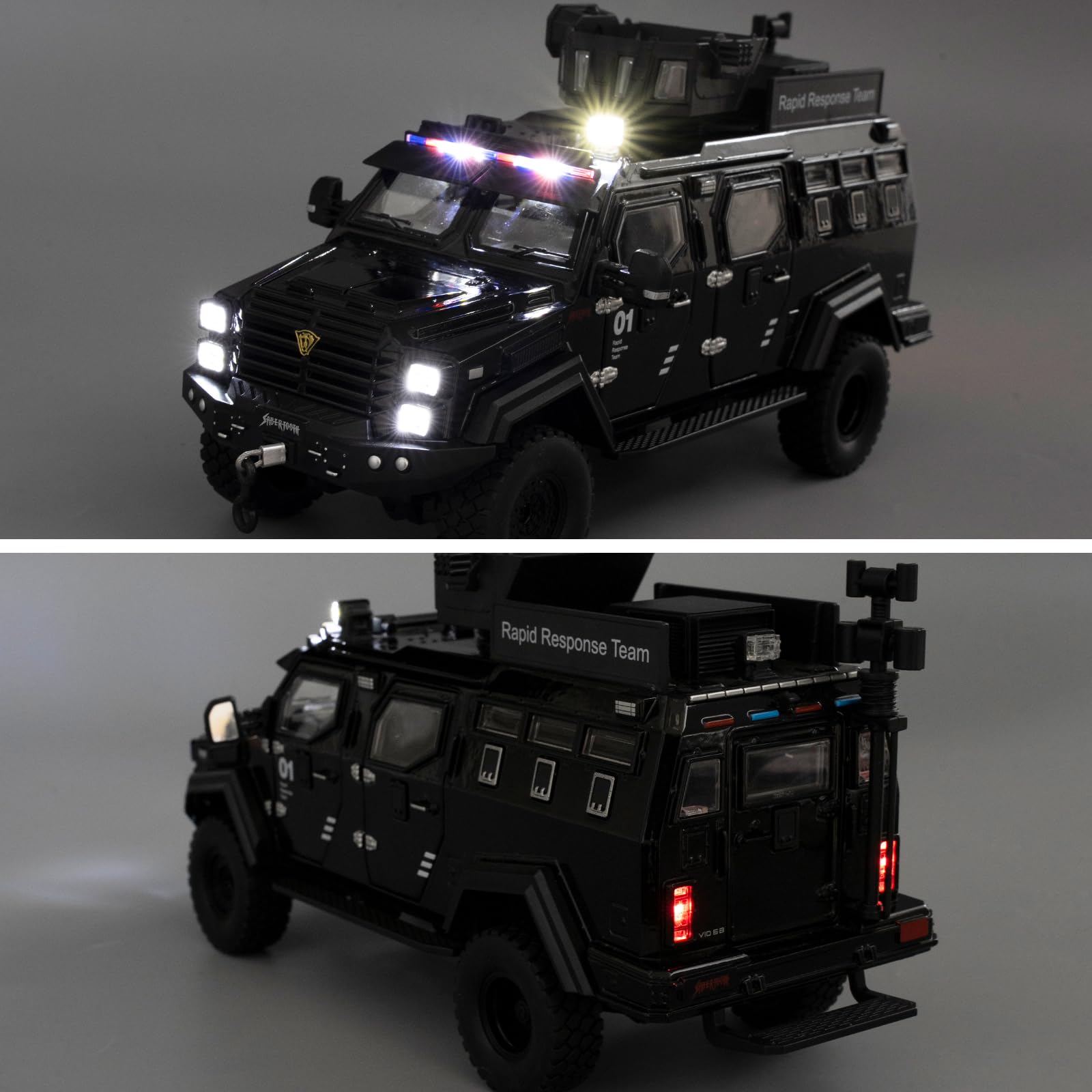 Compatible con el modelo de automóvil blindado de aleación de tigre dentado de sable 1:24, juguete coleccionable de vehículo blindado fundido a presión, juguete de juguete con sonido y luz 6