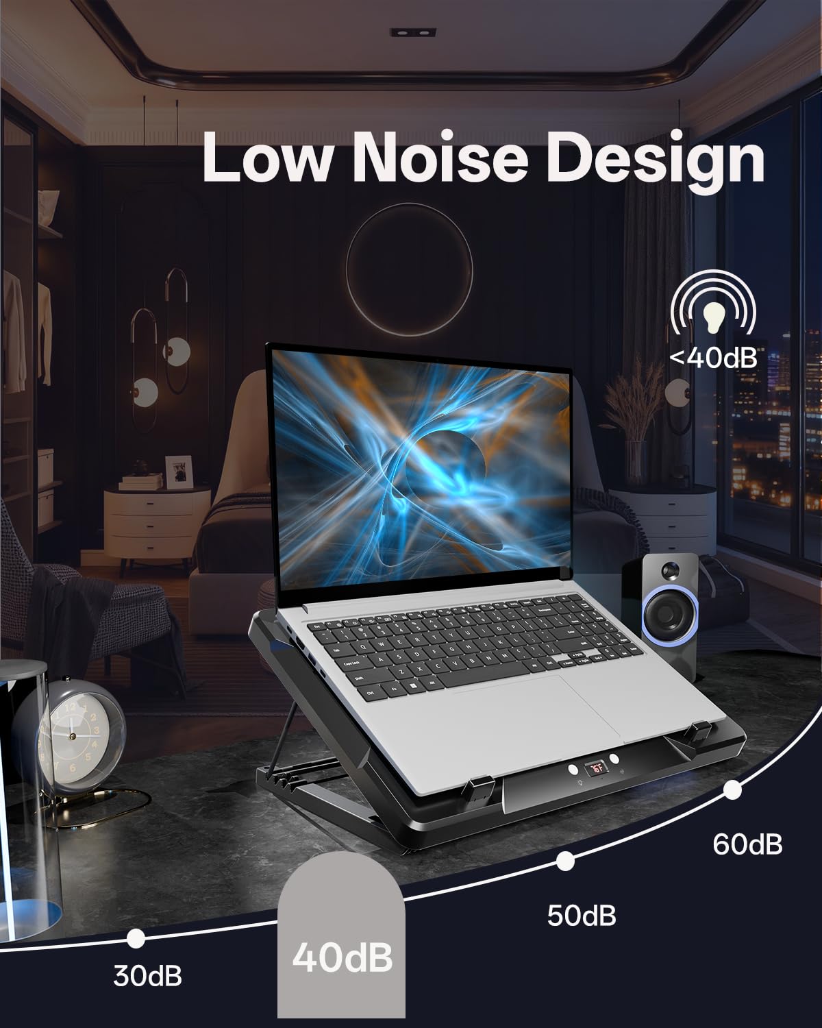 DEPGI Base di raffreddamento per computer portatile, con ventola mobile da 5,5 pollici, facile da pulire, sensore di temperatura automatico e controllo manuale a 3 velocità, ultra silenzioso ≤40 dB