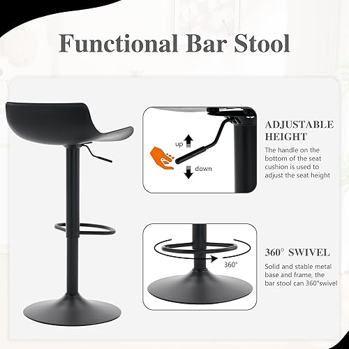 Vista 4 de YOUNIKE Juego de 2 taburetes de bar negros modernos para encimera de cocina con altura ajustable giratoria, respaldo bajo, taburetes de plástico