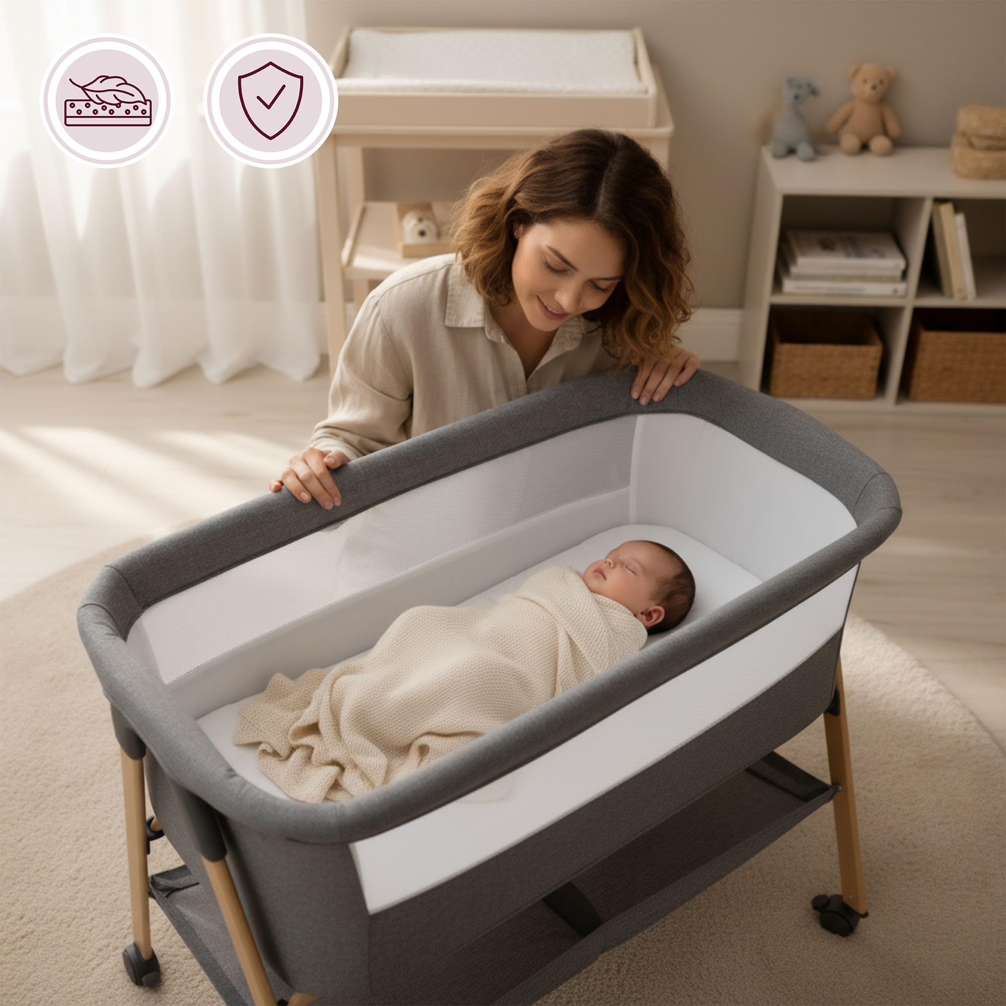 Moby-System Lit Bébé avec Matelas - Berceau Pliant 0-6 Mois - Gris Mélange - Respirant, Léger, Mobile avec roulettes et Freins, Pliable avec Panier de Rangement - LOZ Mili