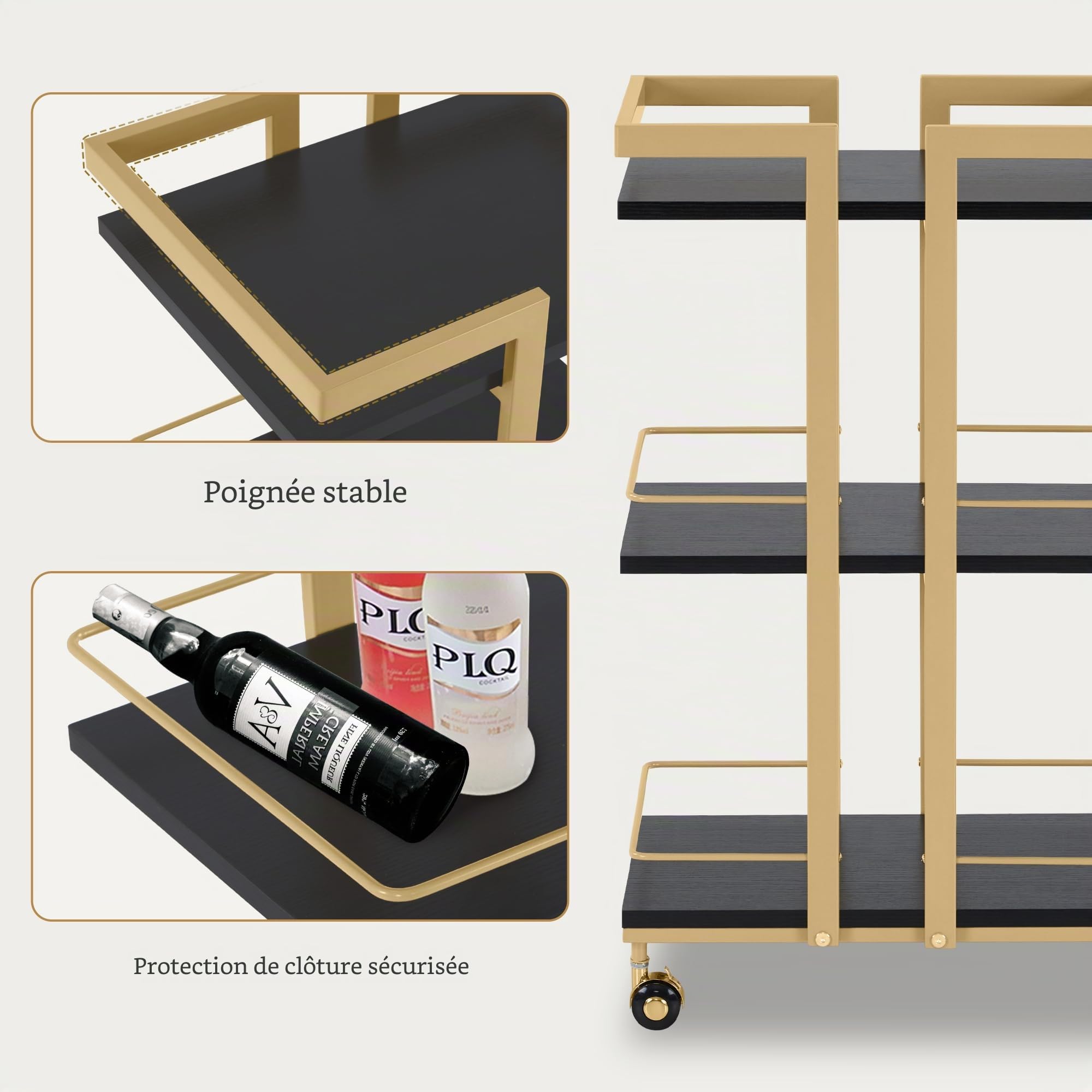 M MCombo Servante à roulettes, desserte de Cuisine Bar Châssis métallique Noir et Or, desserte Polyvalente Moderne à 3 Niveaux, pour Cuisine Salon Bureau, 0033
