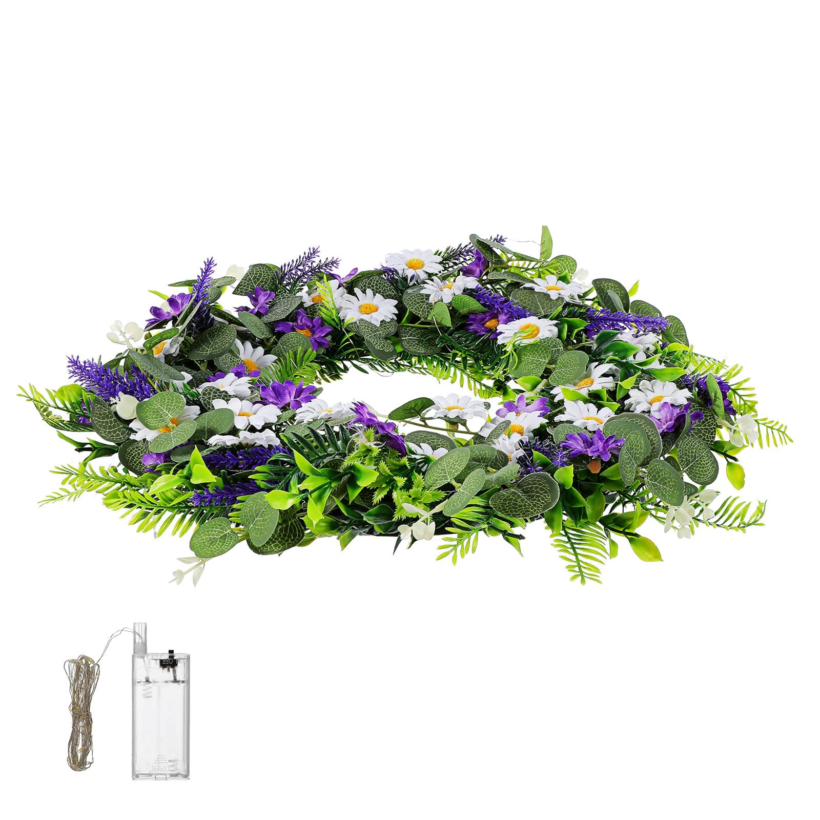 Zerodeko Sommerlicher Türkranz mit Künstlichem Lavendel und LED Beleuchtung aus Kunststoff Langlebig und Einfach zu Hängen für Haustürdekoration bei Hochzeiten und Frühling