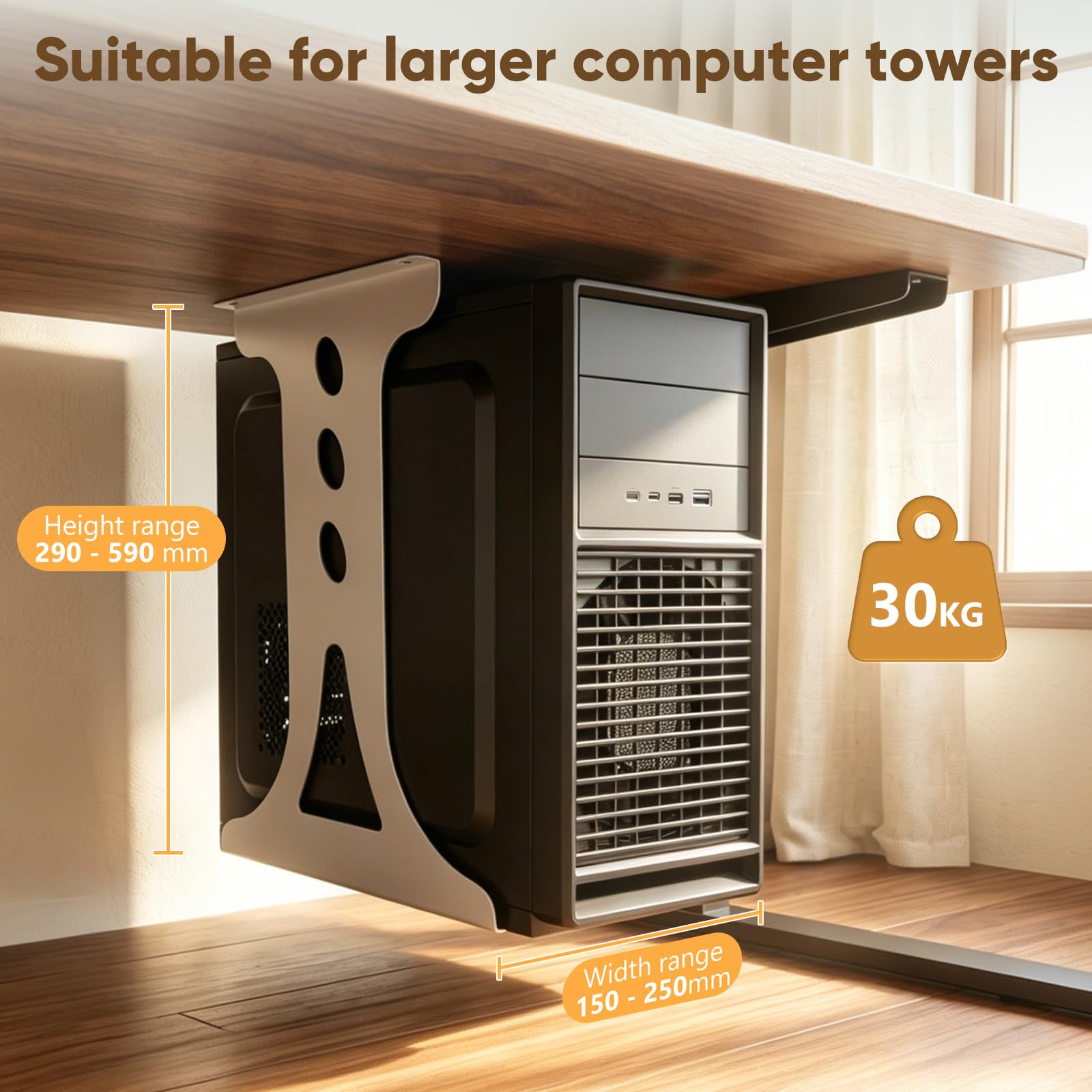 Supporto PC Sotto Scrivania,Supporto per PC,Larghezza Regolabile 15-23 cm,Fino a 30 kg,Per Molti Case PC,Eccellente Circolazione dell'Aria,Ideale per Ufficio,Casa,Aula,Montaggio Facile (Bianco)