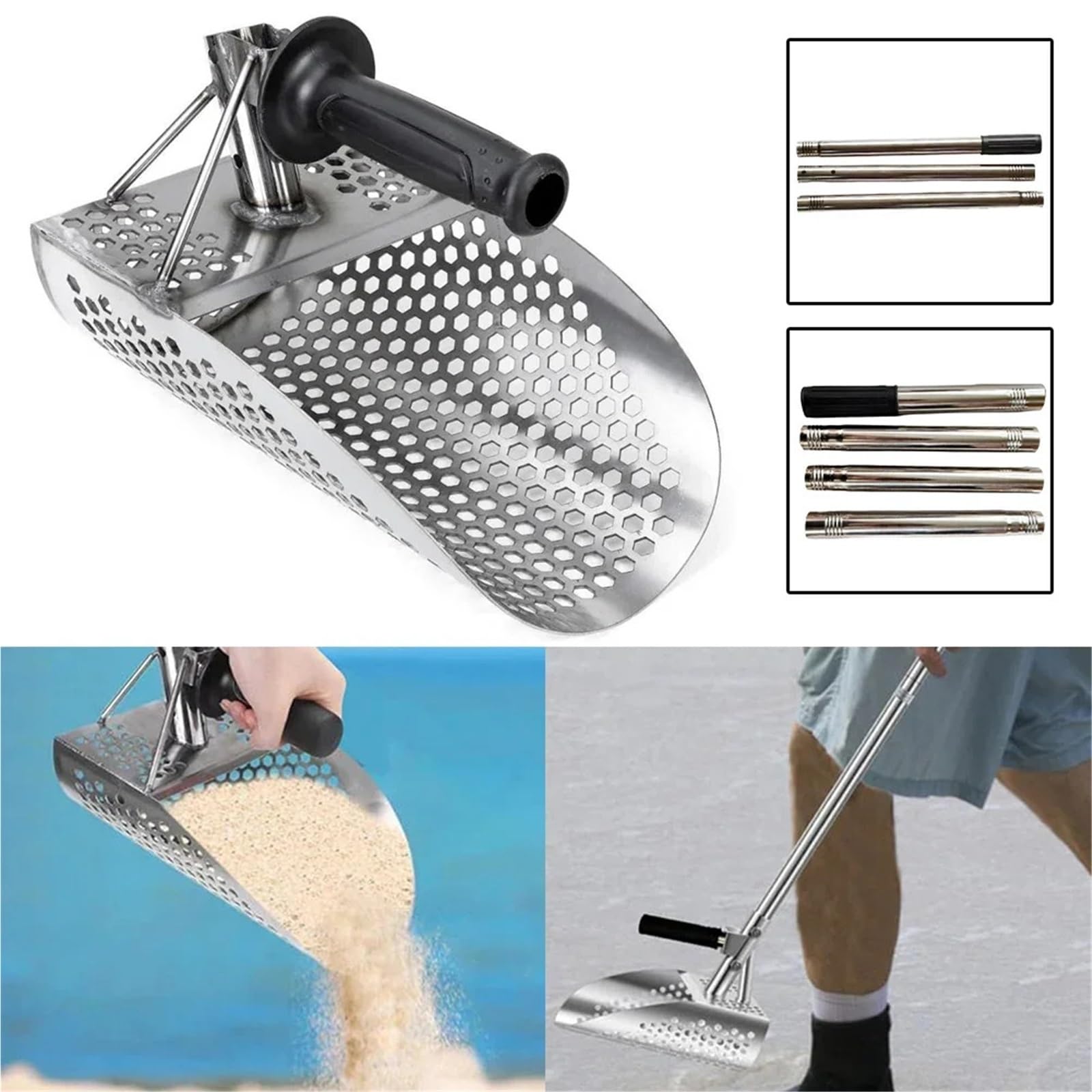Rastrillo per pulci di sabbia Attrezzatura for la setacciatura della sabbia, tester for batterie, paletta for staccabile, rilevamento di metalli da spiaggia 1,03 m(3 sections)