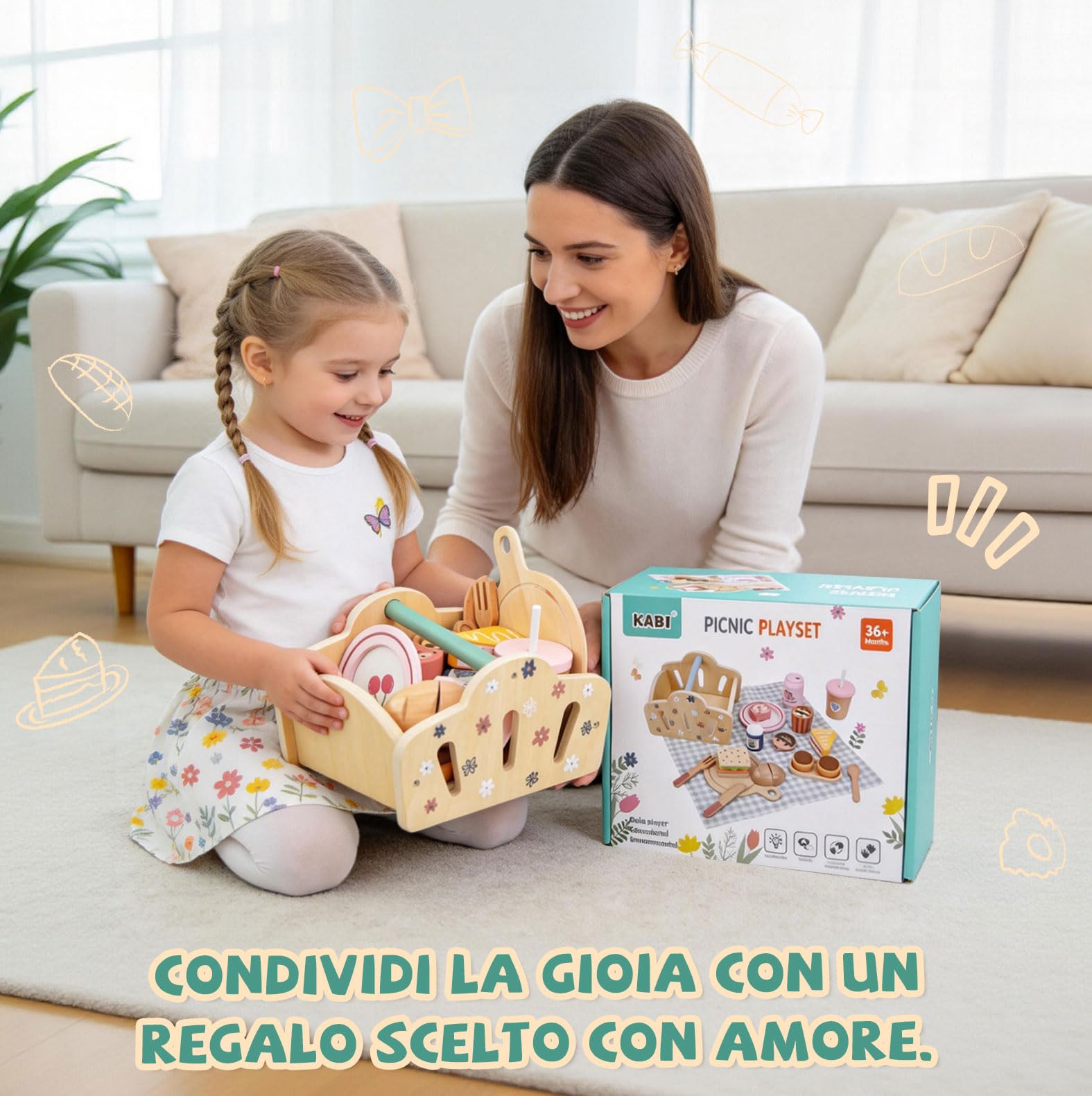 Set da picnic per bambini con servizio da tè per bambini, giocattolo da dessert – giocattolo in legno e da giardino per bambini e ragazze