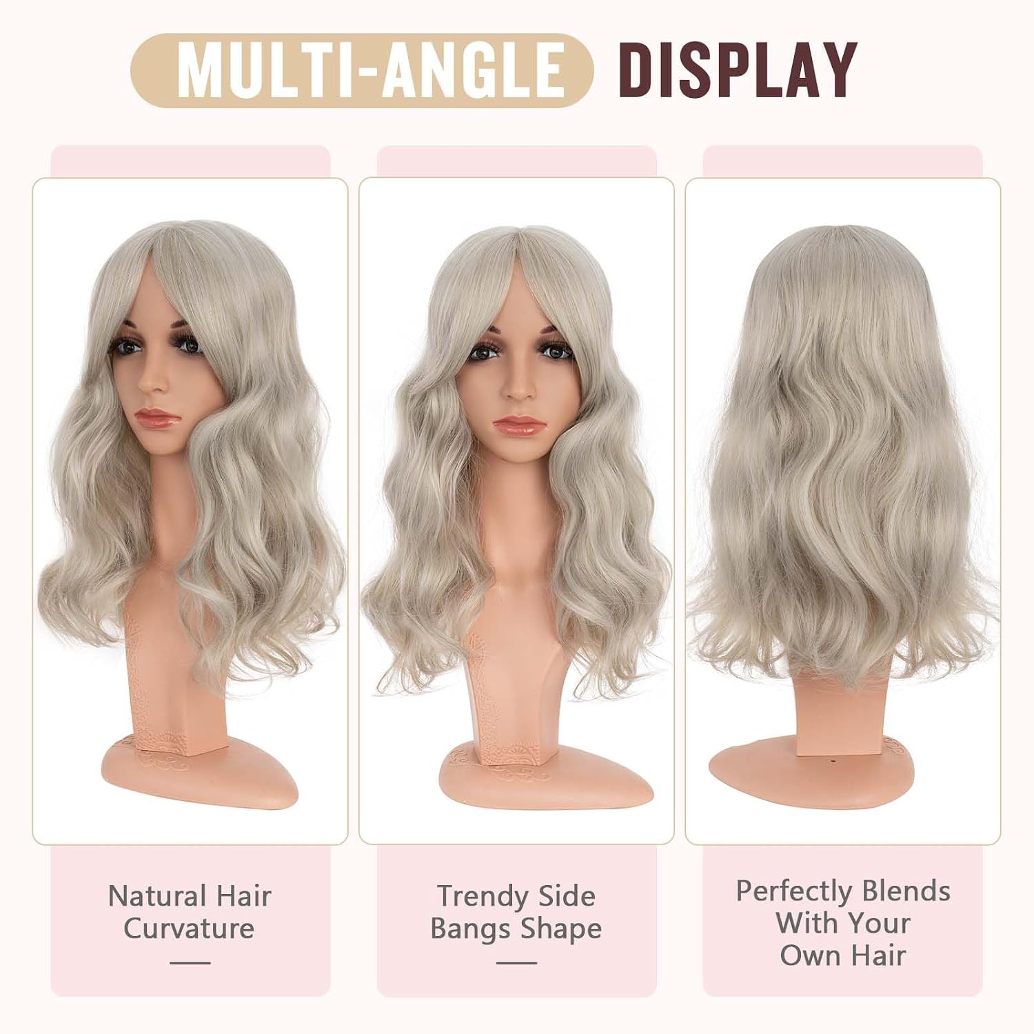 Hairro 18 Inch Long Hair Toppers Wavy with Side Bangs for Women, Clips In Synthetic Hairpieces Capless, for Adding Volume/Birthday/Party/Halloween/Cosplay Dress Up, Grey Mixed Light Blonde