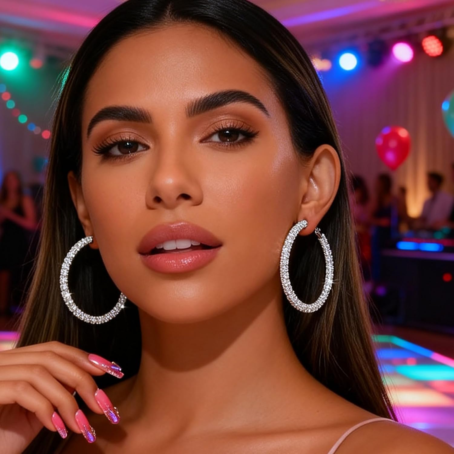 Rhinestone Hoop Earrings for Women Sparkly Bling Large Hoops Statement Jewelry Accessory for Bride Wedding Party Outfit Prom Gown Attire