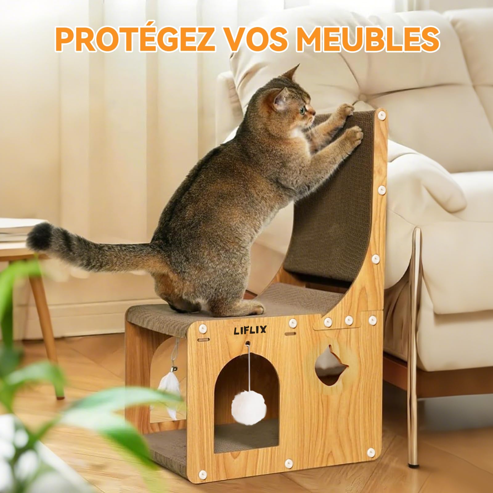 LIFLIX Griffoir pour Chat en L à Double épaisseur, Poteau à griffer en Carton avec Jouets, Griffoir et Cachette pour Chats d'Intérieur, se Reposer et Jouer