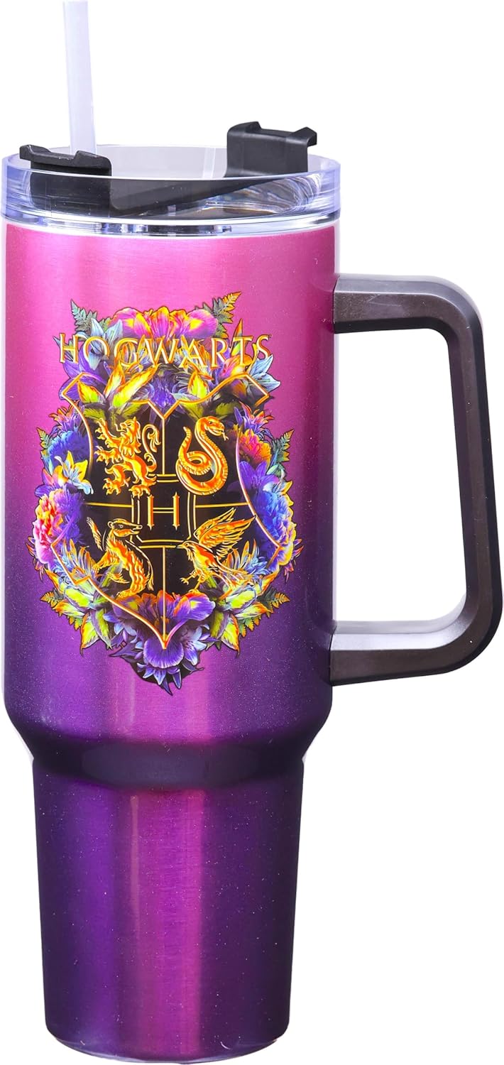 Spoontiques Harry Potter Stainless Steel Travel Mug, 40oz - Double Wall Insulation, Sturdy Handle, Sliding Lock Travel Lid - Hogwarts