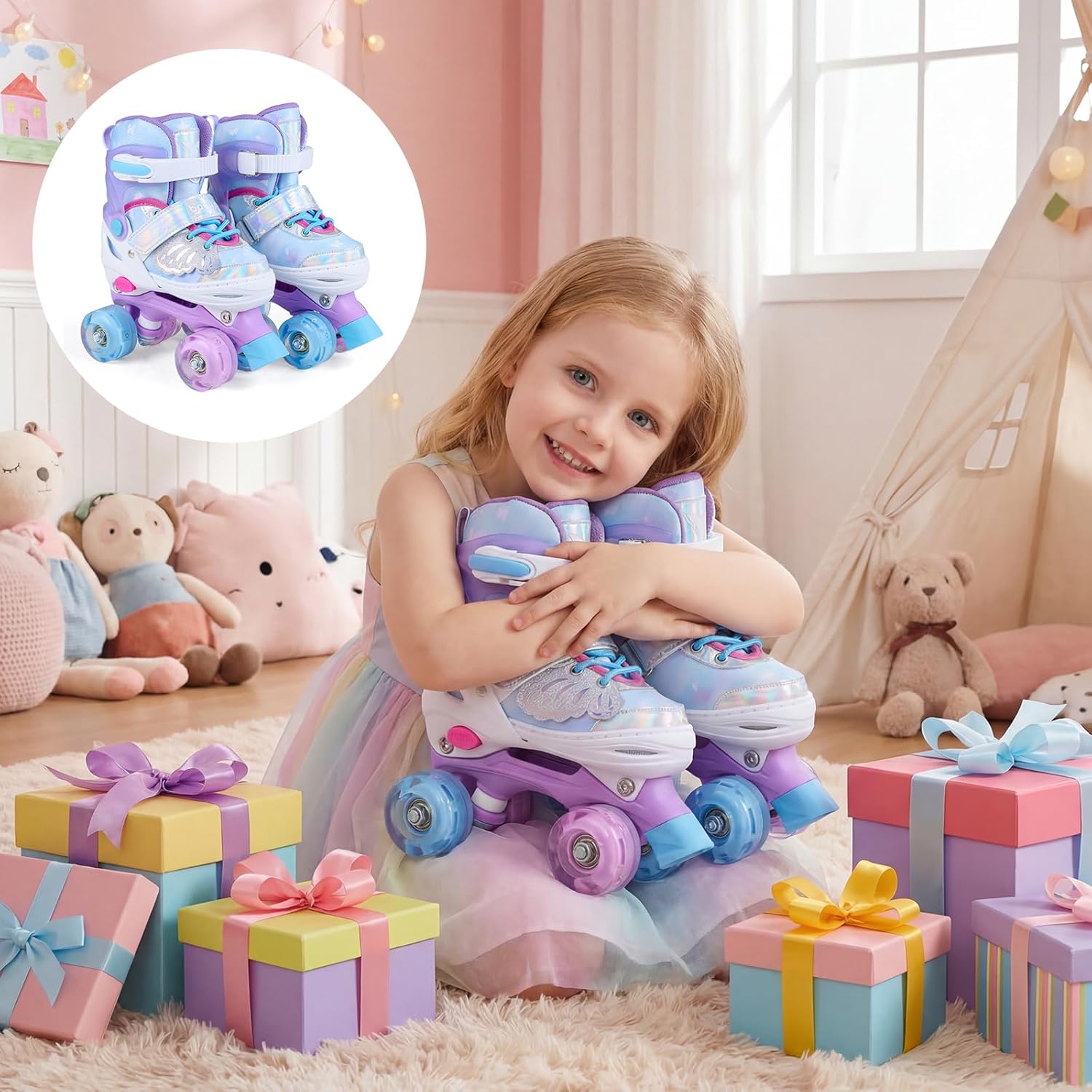 BABY JOY Roller Skates, 4-Size Adjustable Quad Skates for Girls Teens 9-14 w/Light-up Wheels & Safety Protection, Fun Illuminating Gifts for Indoor Outdoor Sports