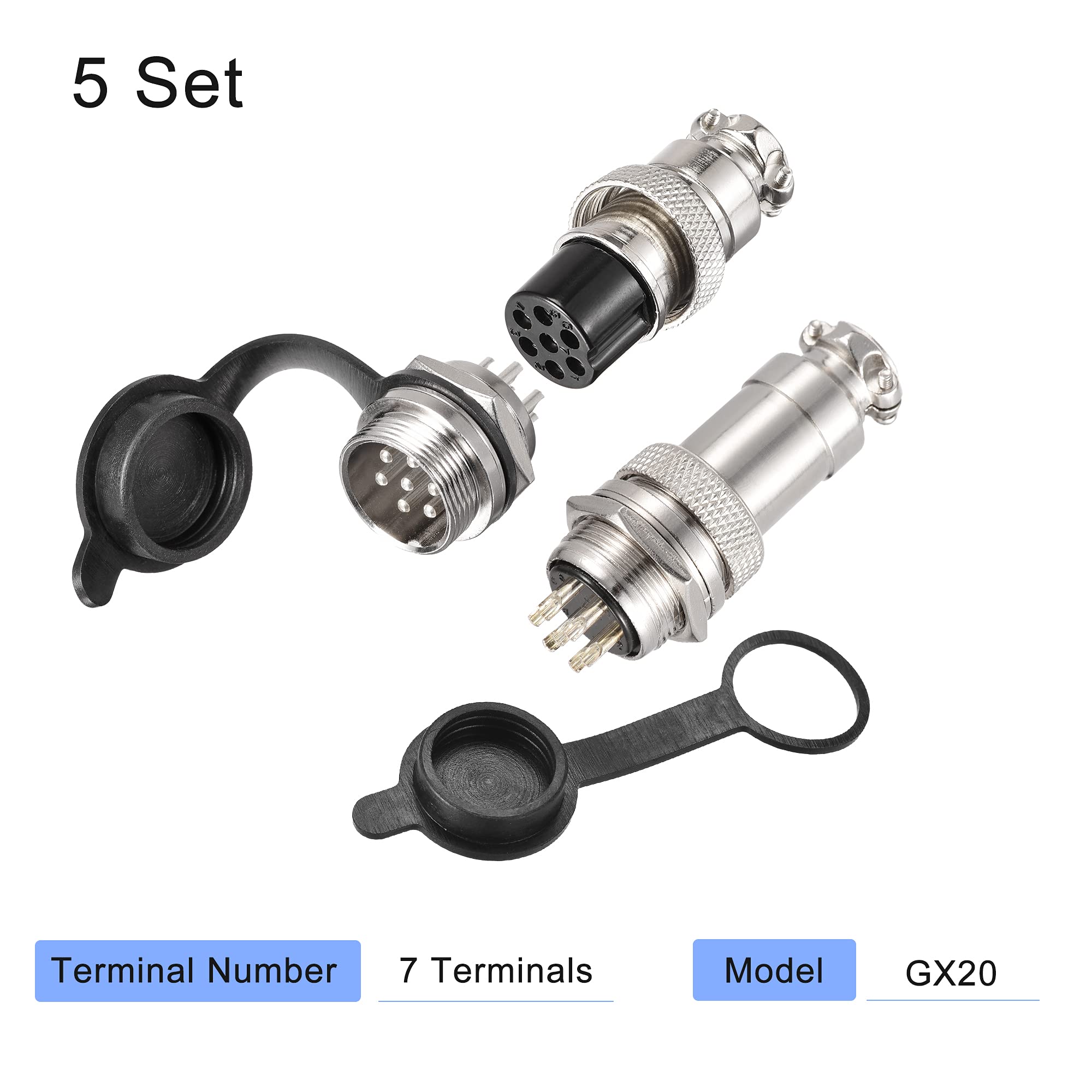 MECCANIXITY Zestaw złączy lotniczych 20 mm 7 zacisków 5 A 150 V, GX20 wodoodporne złączki męskie żeńskie z pokrywą wtyczki zestaw 5 zestawów