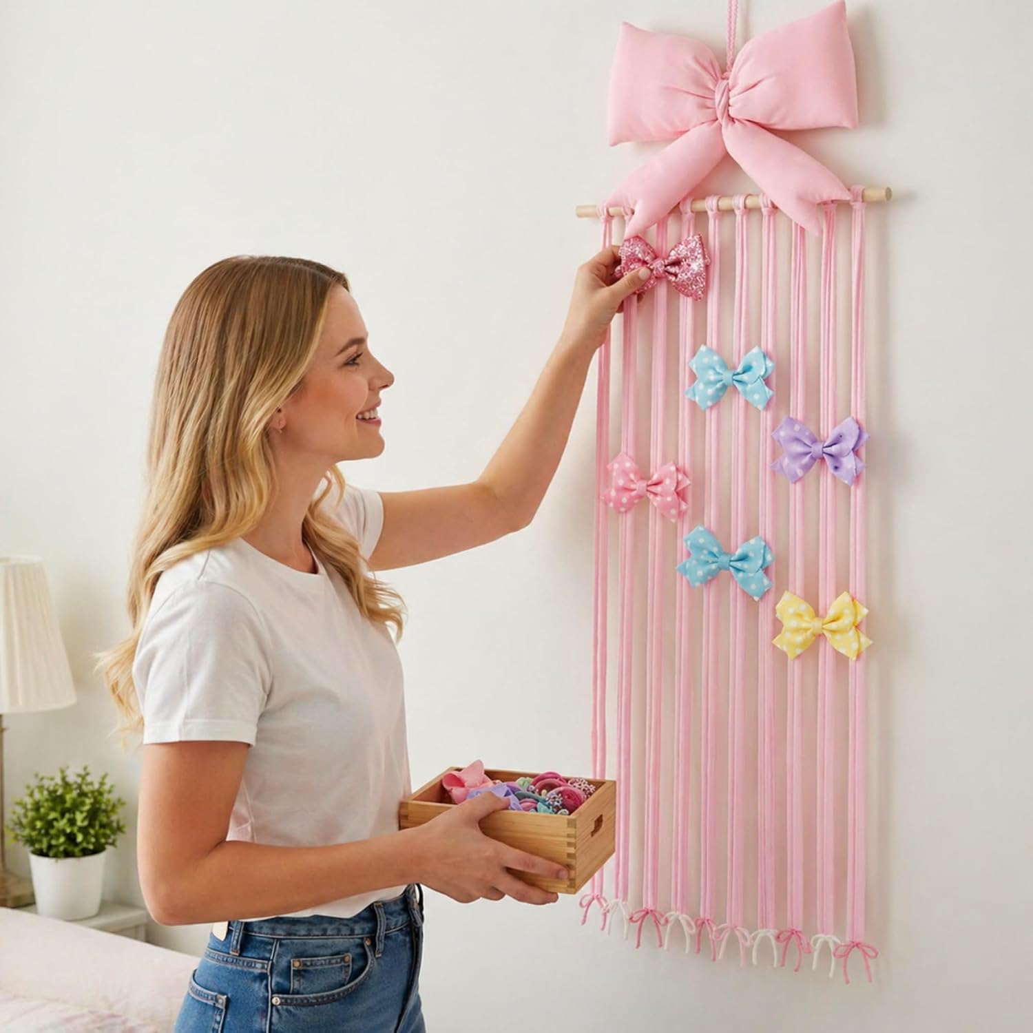 Suncalla Long Bow Holder for Girls Baby Pink Bow Hair Bows Clip Organizer 31.5 Inch Baby Hair Accessories Storage Display Hanging Decor for Girls Nursery Room Bedroom Living Room