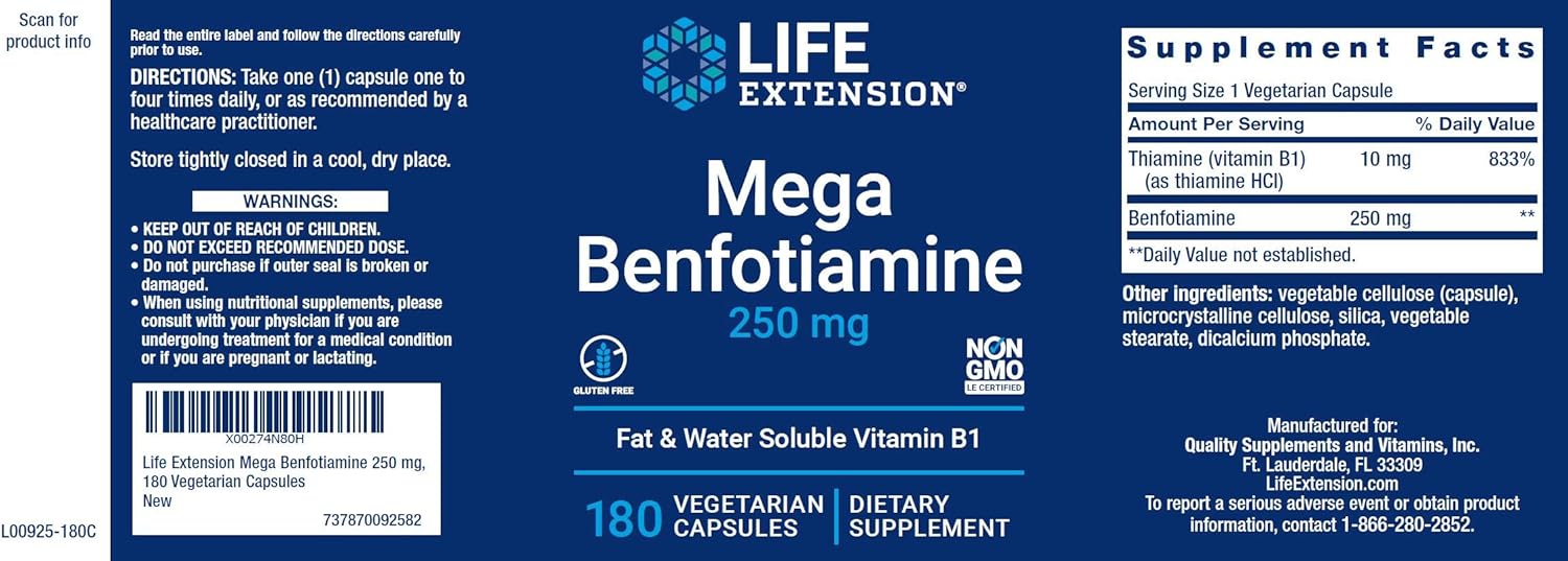 Life Extension Mega Benfotiamine, 250 mg, 180 Veg caps with Thiamine - Vitamin B1 Supplement : Health & Household