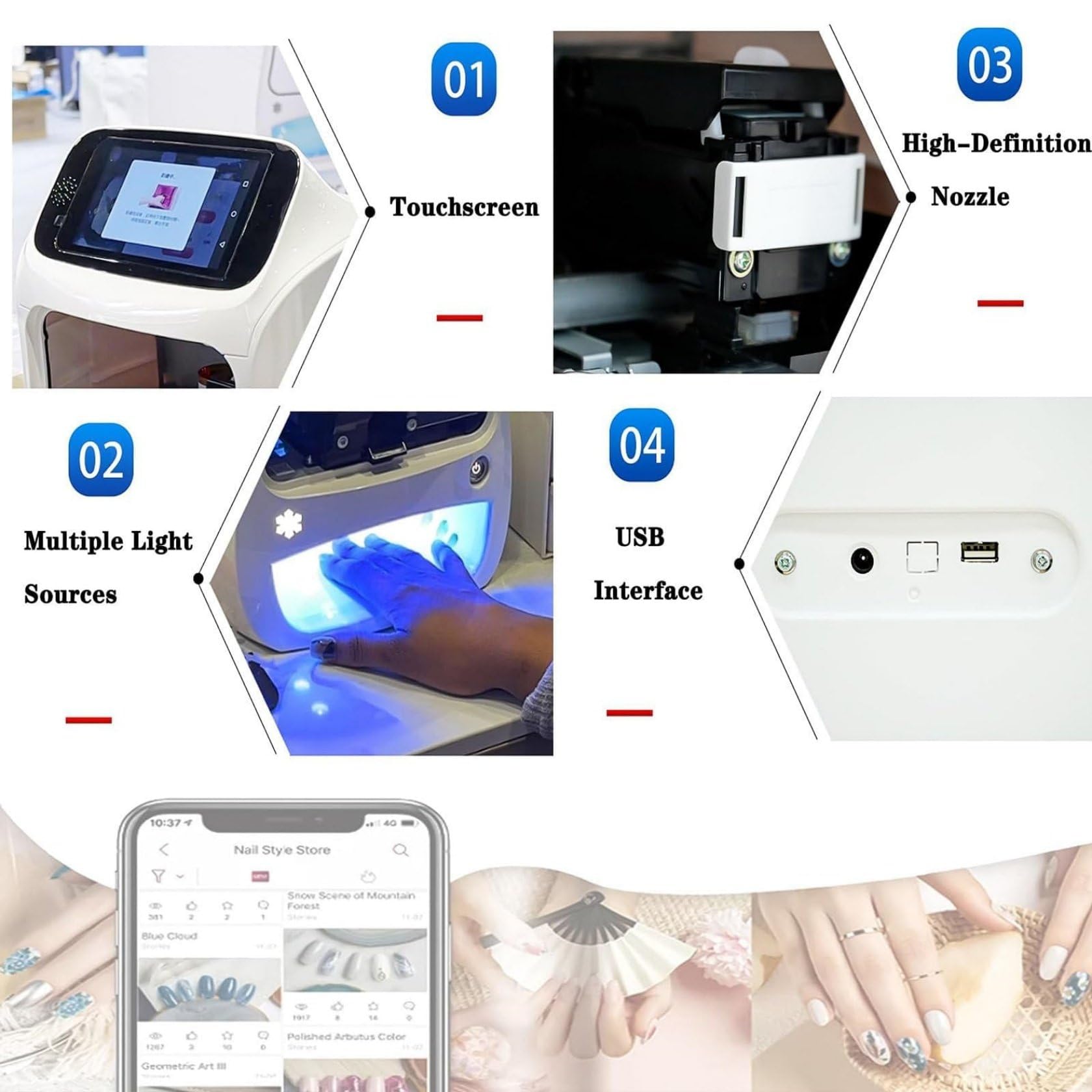 Przenośna cyfrowa mobilna drukarka do zdobienia paznokci, inteligentne urządzenie 3D do zdjęć DIY, kreskówek i wzorów tekstowych z galerią wzorów, zawiera wkład atramentowy