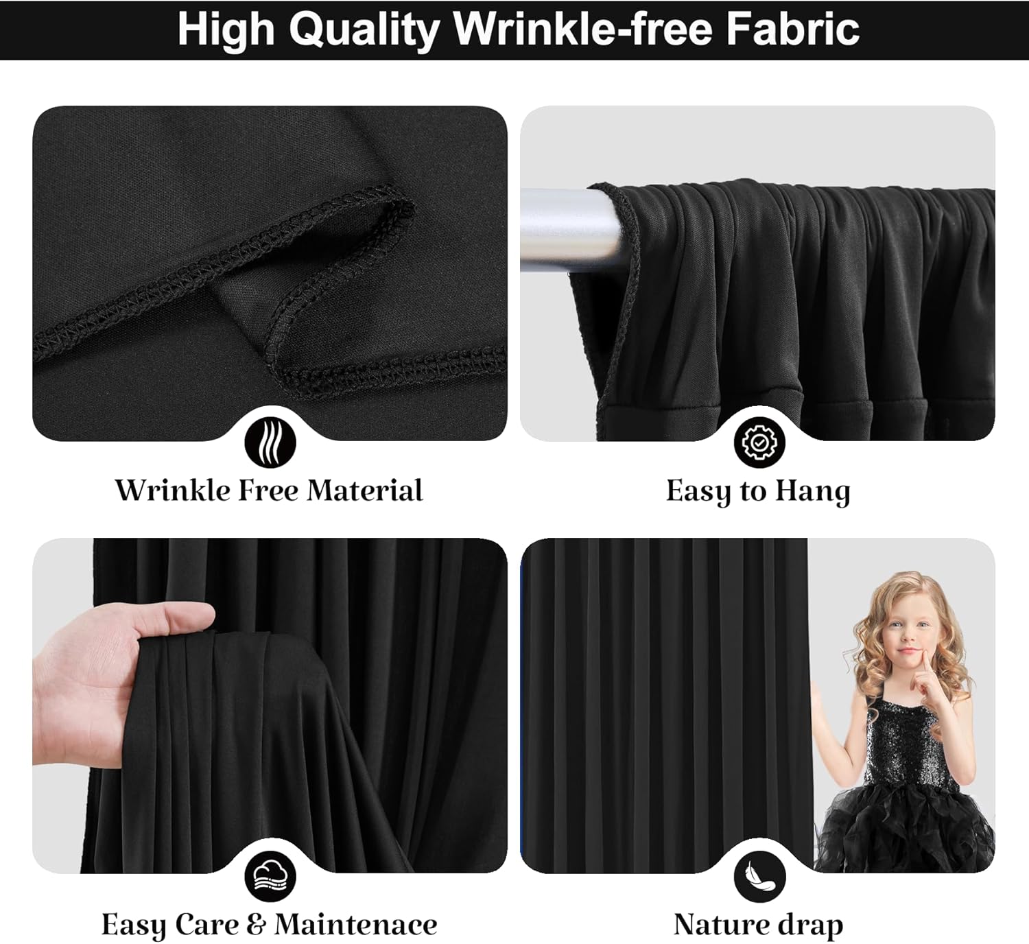 6 Panels 5x12ft Black Backdrop Curtains, Wrinkle Free Photo Backdrop Drapes Black Back Drop Cloth with Rod Pockets for Wedding Birthday Party Baby Shower Photobooth Stage Decorations