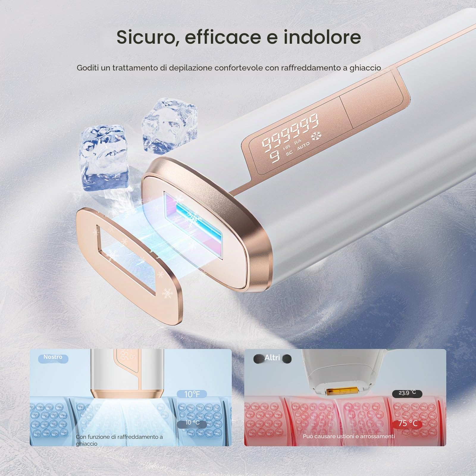 Epilatore Luce Pulsata con Funzione di Raffreddamento, 3 Funzioni Avanzate HR/SC/RA, 999,900 Flashes e 9 Livelli di Energia, Laser Peli Donna per Viso, Ascelle, Gambe, Corpo