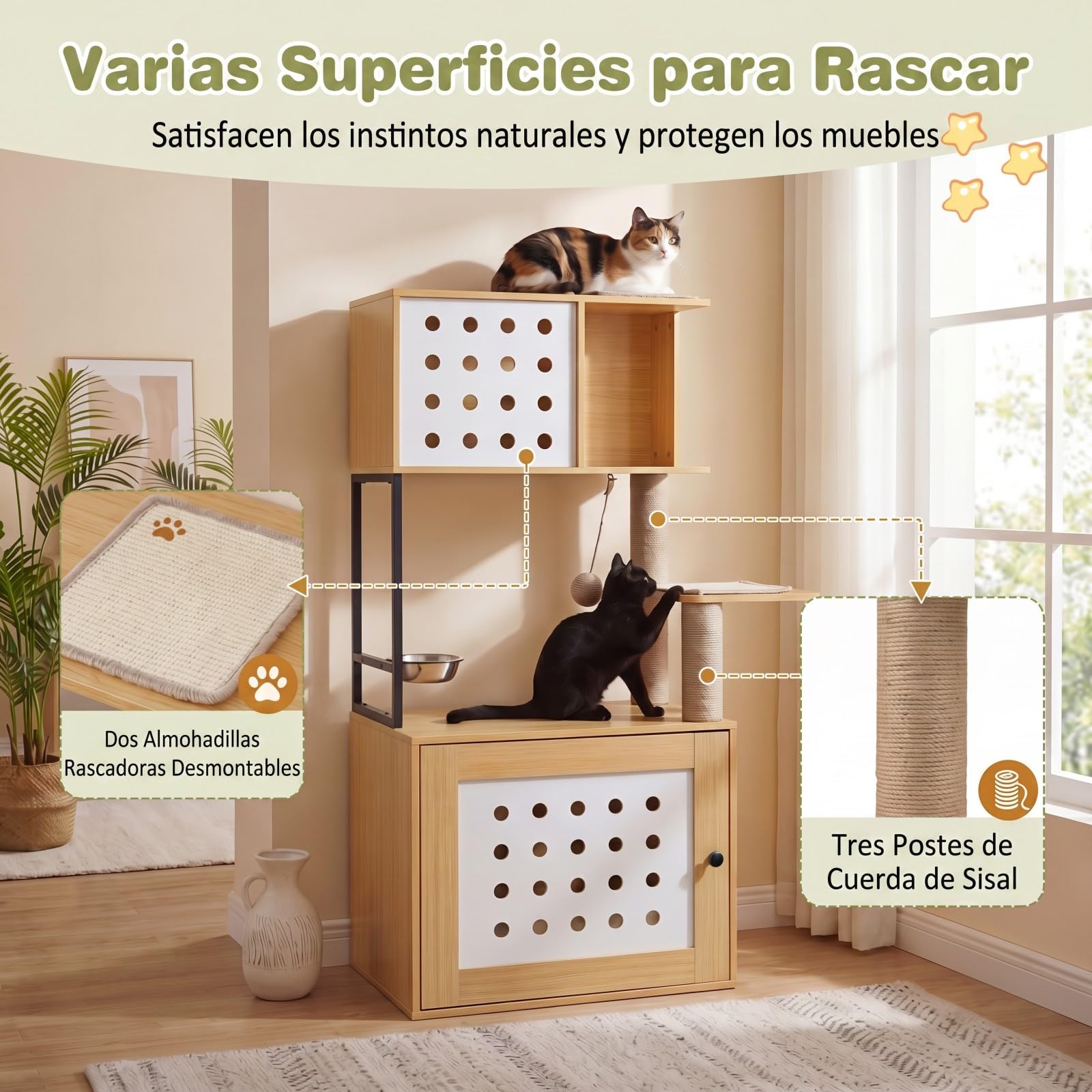 GOPLUS Árbol Rascador para Gatos de Múltiples Niveles, Altura 117,5 cm, Torre para Gatos con Recinto para Caja de Arena, Postes Rascadores de Sisal, Condo, Alimentación y Bola Colgante (Natural)