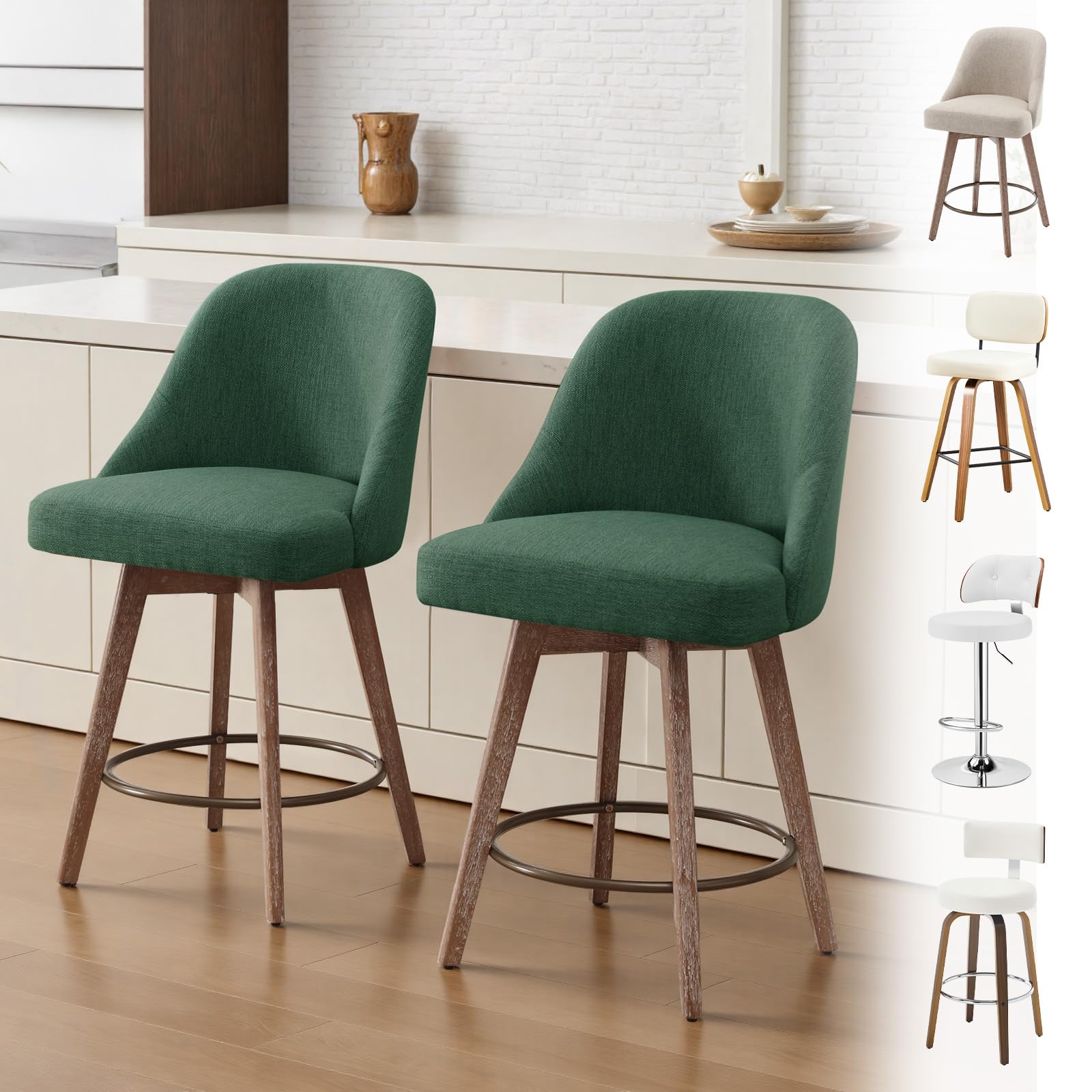 Bekrvio Counter Height Bar Stools Set of 2, Modern Mid-Century Swivel Barstools with Backs and Wood Legs, Linen Fabric Upholstered Chairs 65CM Seat Height Counter Stools (Linen Green, 2PCS)